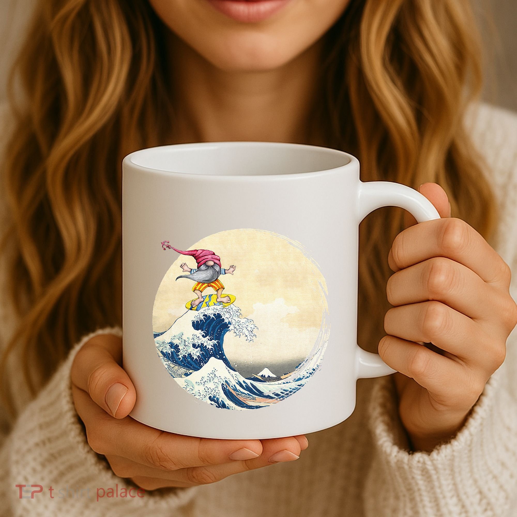Surfing Gnome Riding Great Wave Off Kanagawa Gnome Coffee Mug
