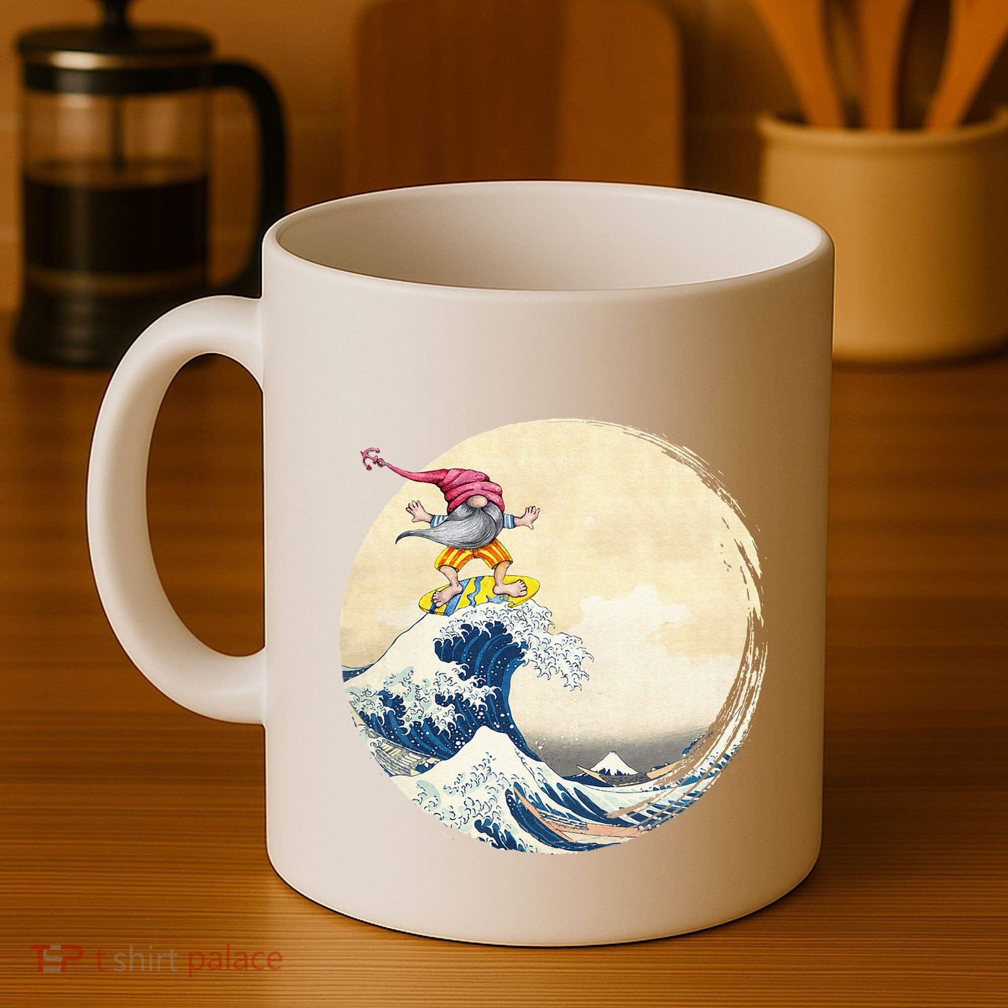 Surfing Gnome Riding Great Wave Off Kanagawa Gnome Coffee Mug
