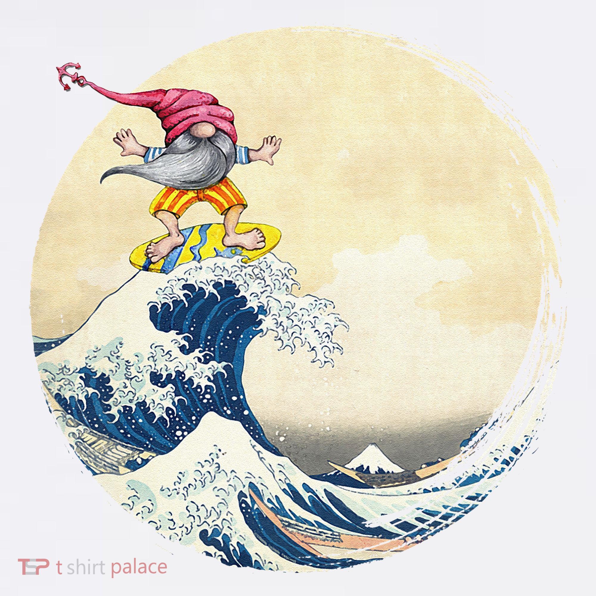 Surfing Gnome Riding Great Wave Off Kanagawa Gnome Mousepad