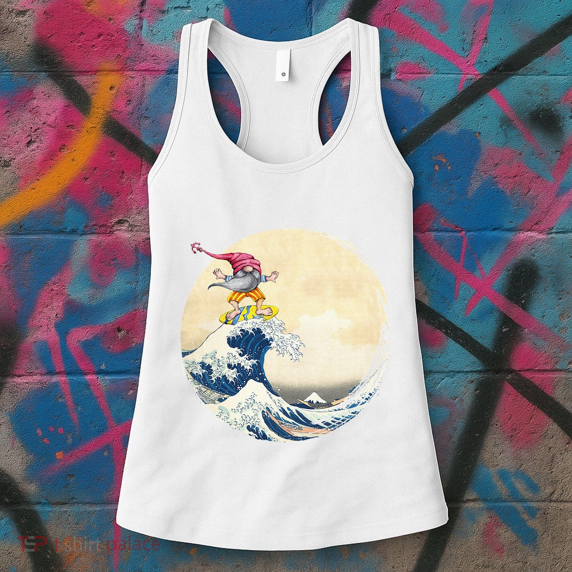 Surfing Gnome Riding Great Wave Off Kanagawa Gnome Women's Tank Top
