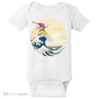 Surfing Gnome Riding Great Wave Off Kanagawa Gnome Baby Bodysuit