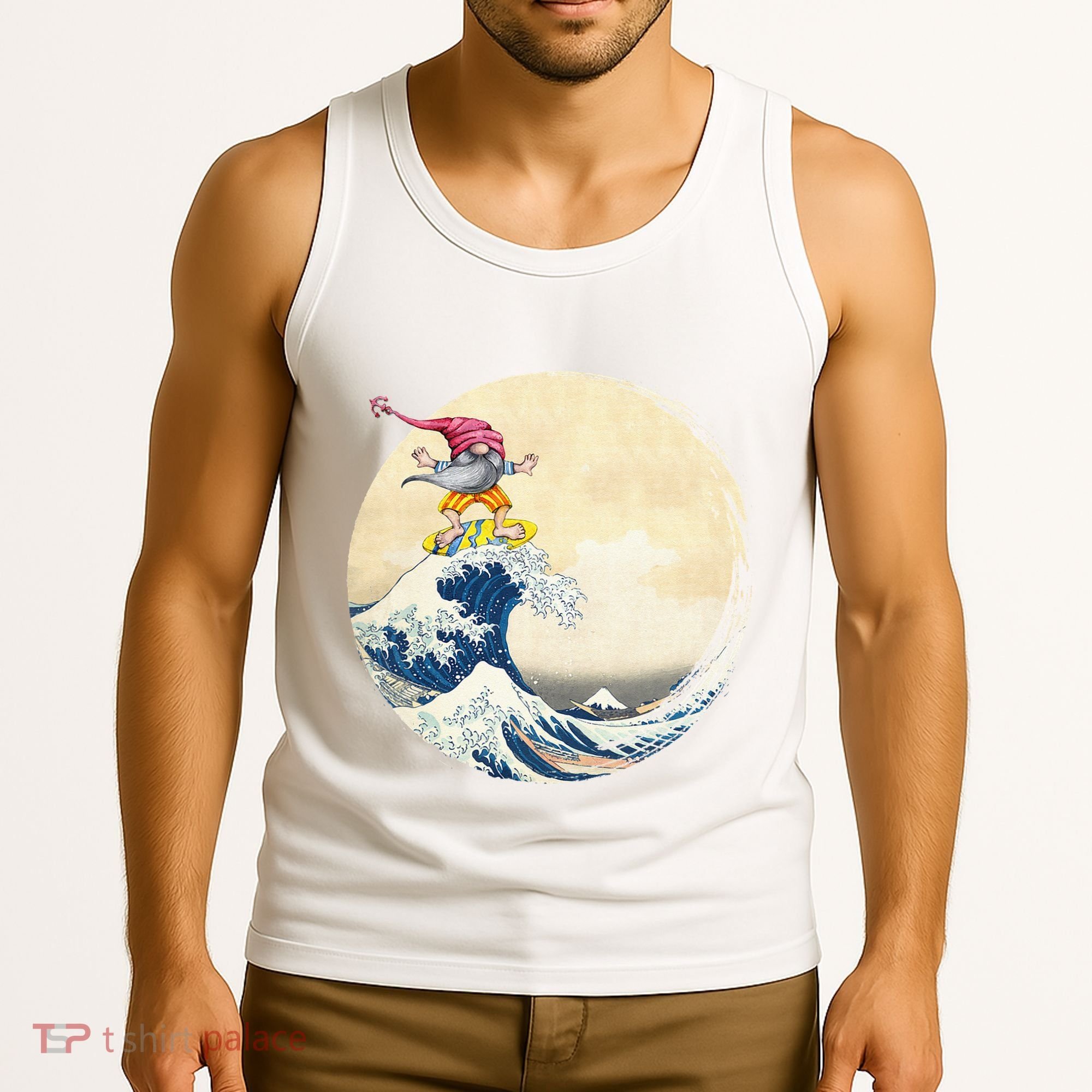 Surfing Gnome Riding Great Wave Off Kanagawa Gnome Tank Top
