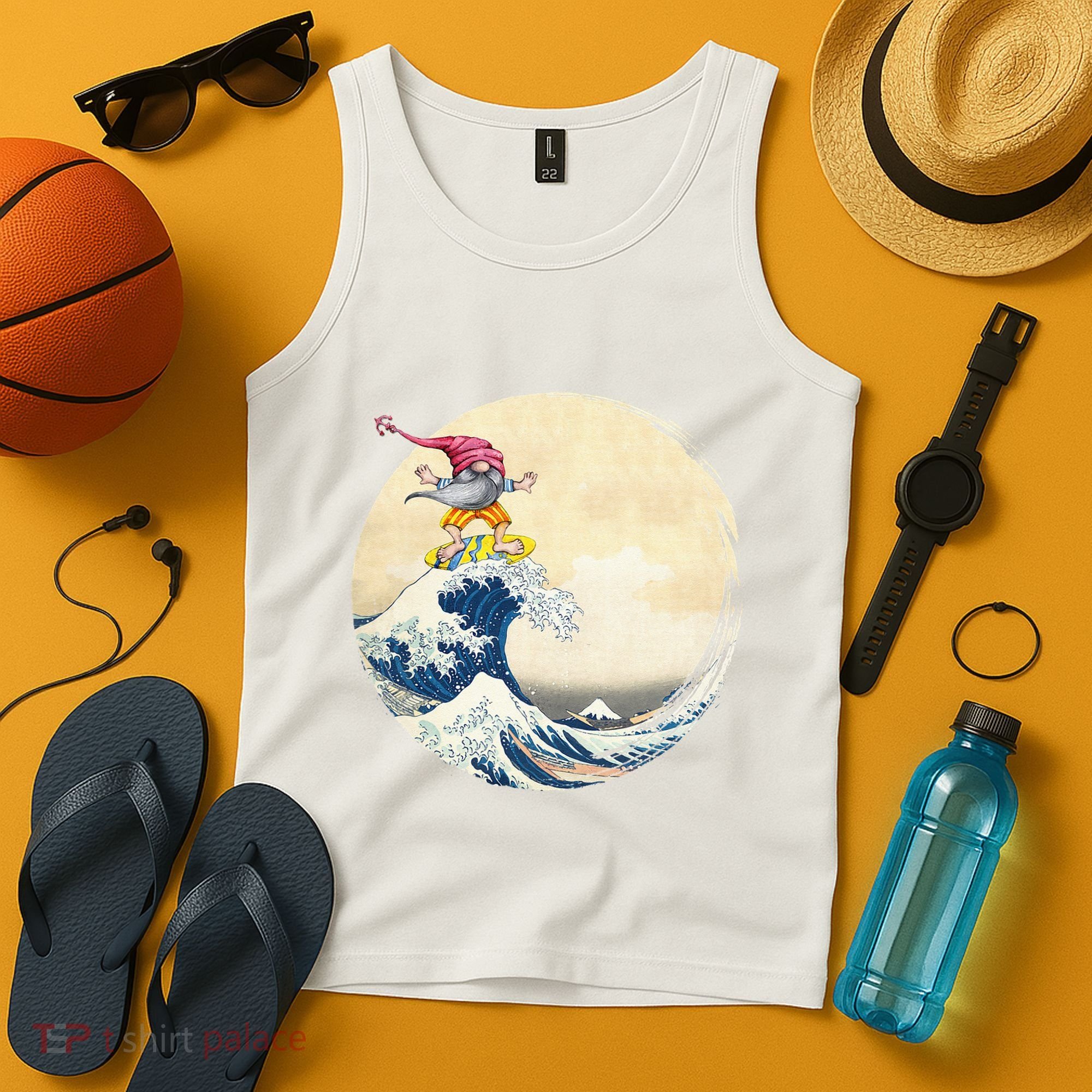 Surfing Gnome Riding Great Wave Off Kanagawa Gnome Tank Top