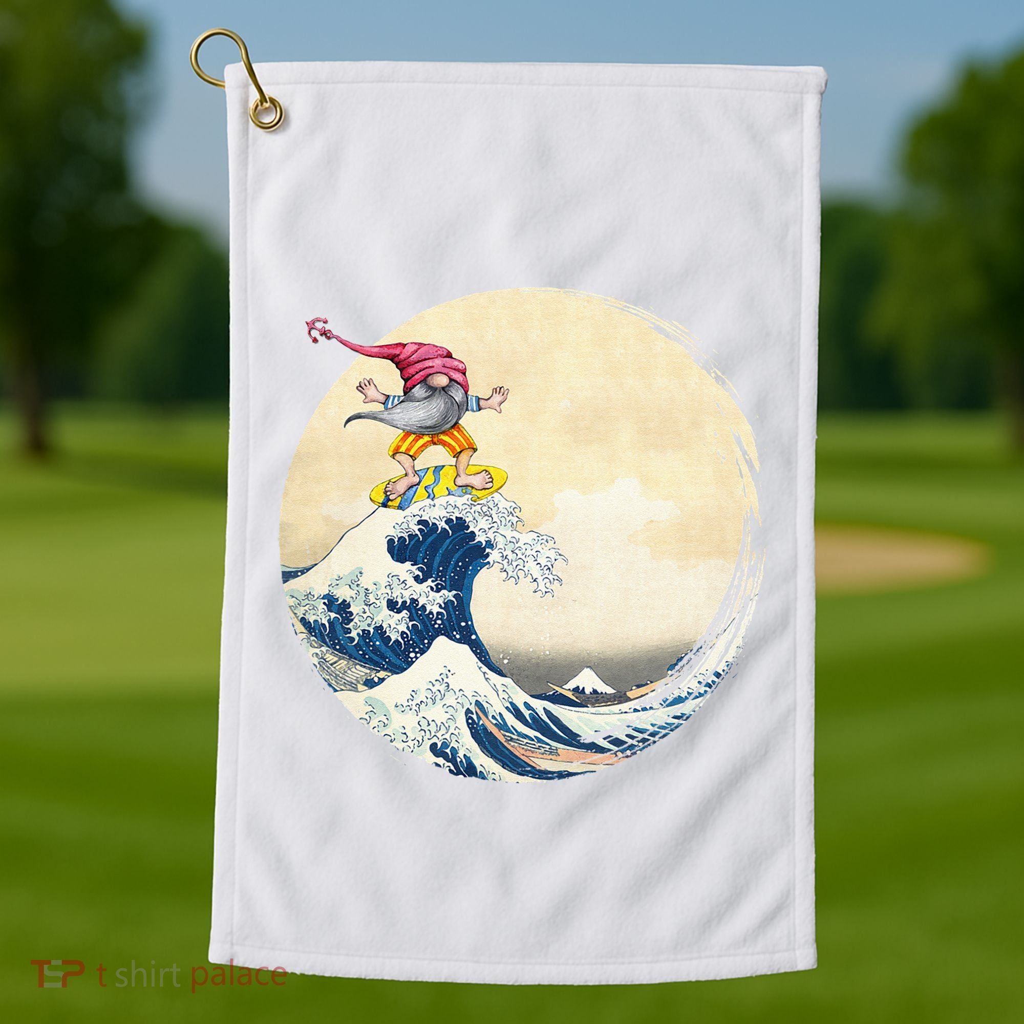 Surfing Gnome Riding Great Wave Off Kanagawa Gnome Golf Towel
