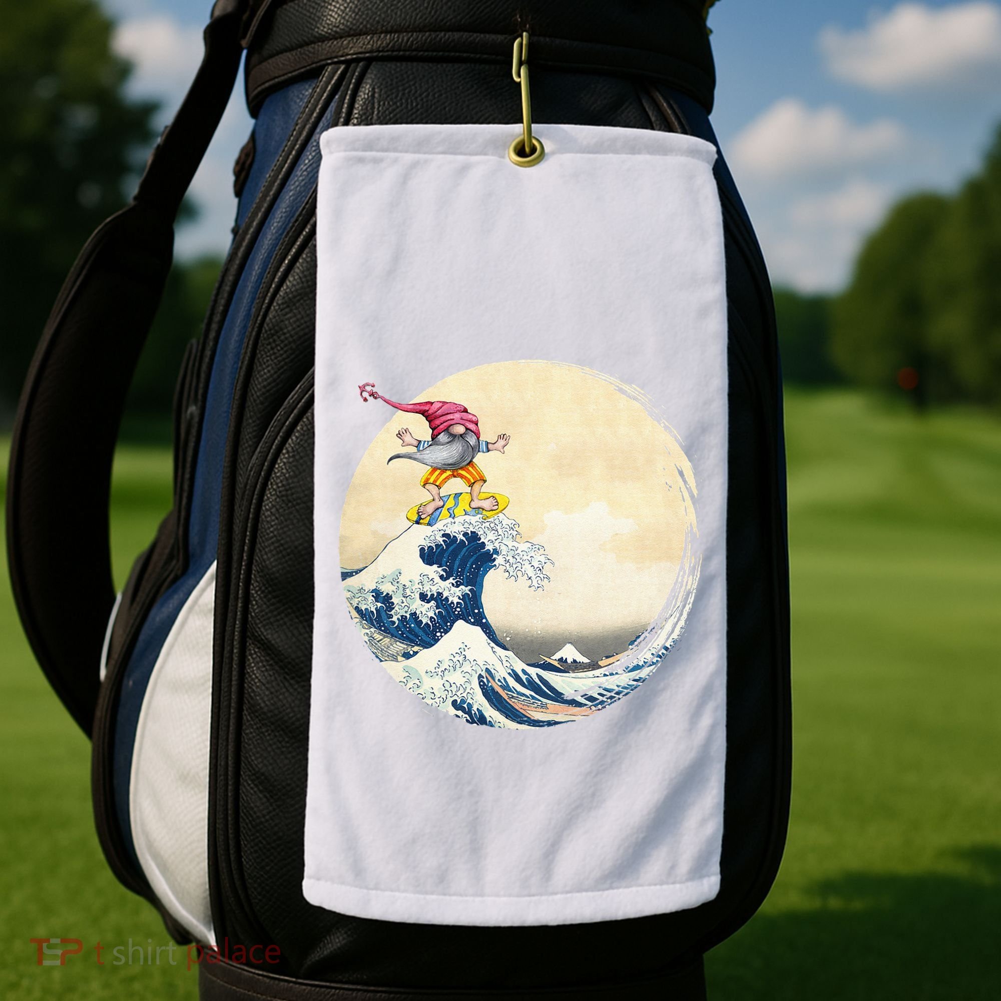 Surfing Gnome Riding Great Wave Off Kanagawa Gnome Golf Towel