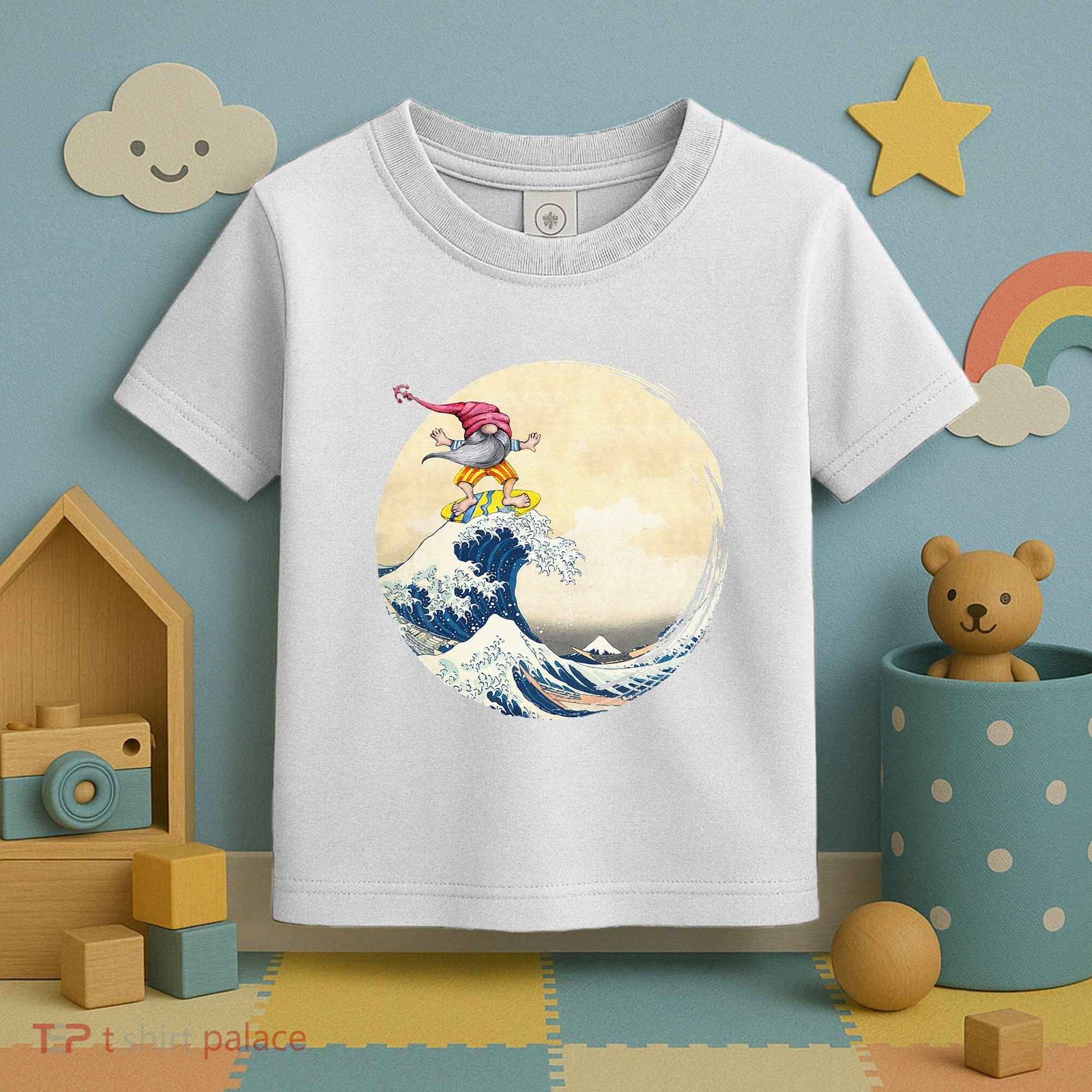 Surfing Gnome Riding Great Wave Off Kanagawa Gnome Toddler T-Shirt