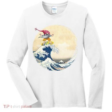 Surfing Gnome Riding Great Wave Off Kanagawa Gnome Women's Long Sleeve Shirt