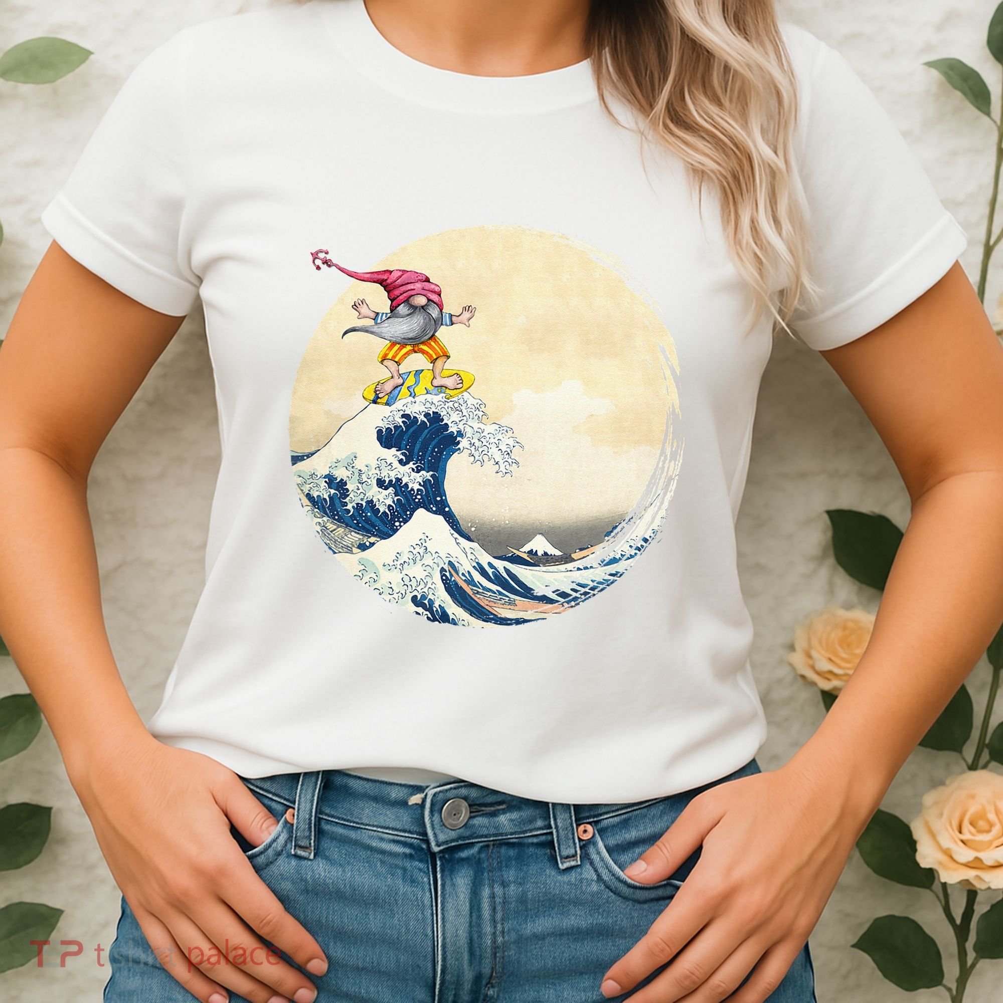 Surfing Gnome Riding Great Wave Off Kanagawa Gnome Women's T-Shirt