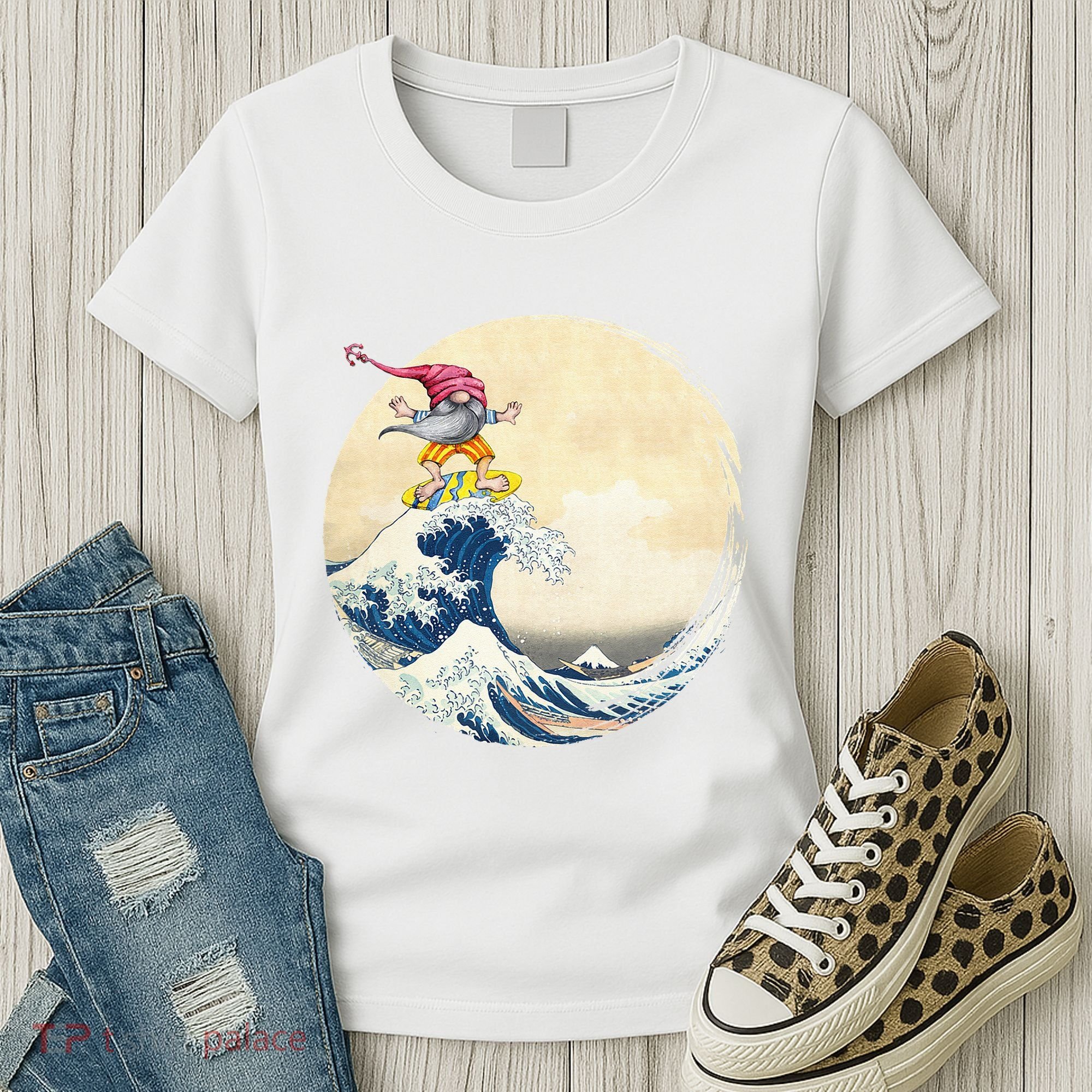 Surfing Gnome Riding Great Wave Off Kanagawa Gnome Women's T-Shirt