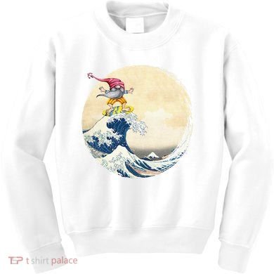 Surfing Gnome Riding Great Wave Off Kanagawa Gnome Kids Sweatshirt