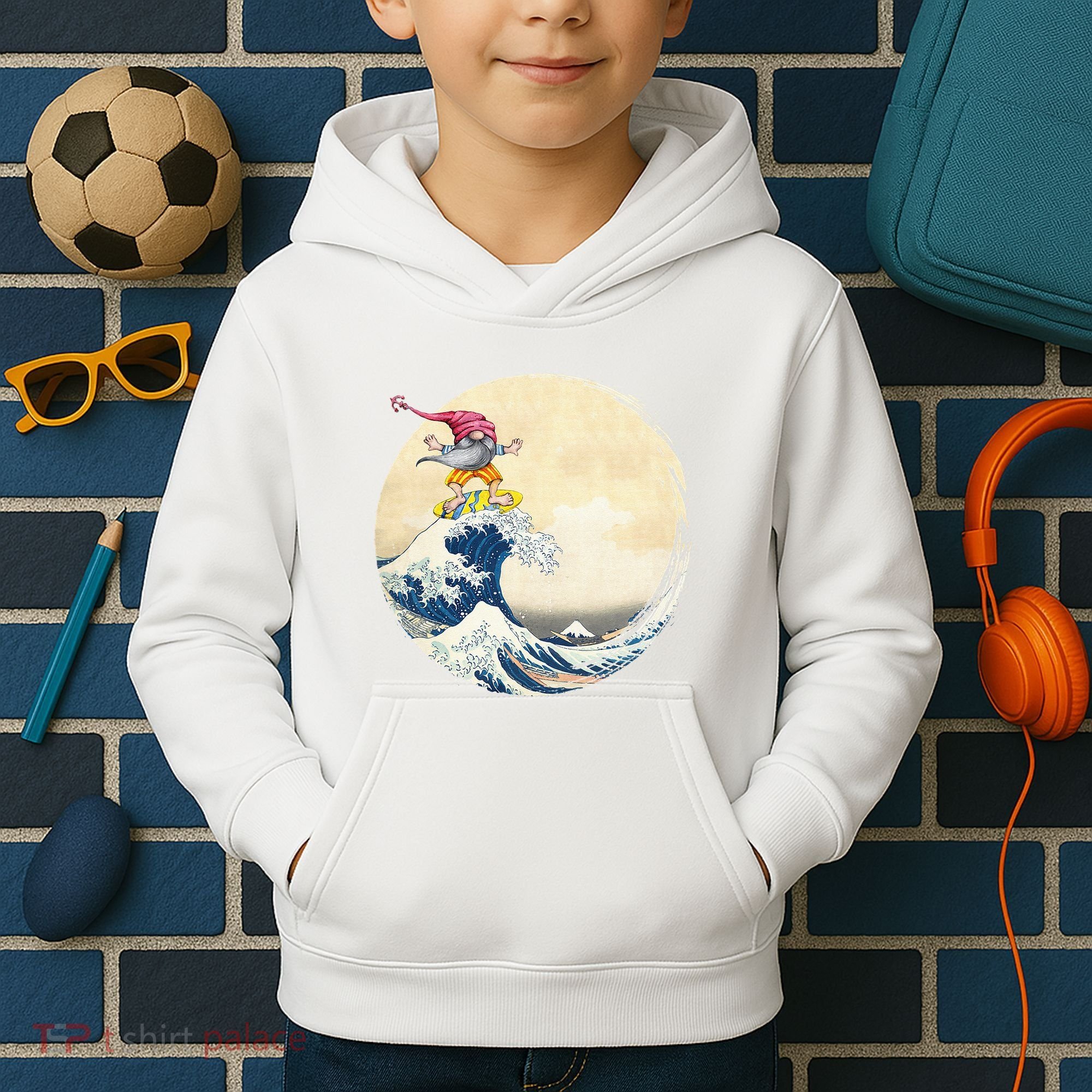 Surfing Gnome Riding Great Wave Off Kanagawa Gnome Kids Hoodie