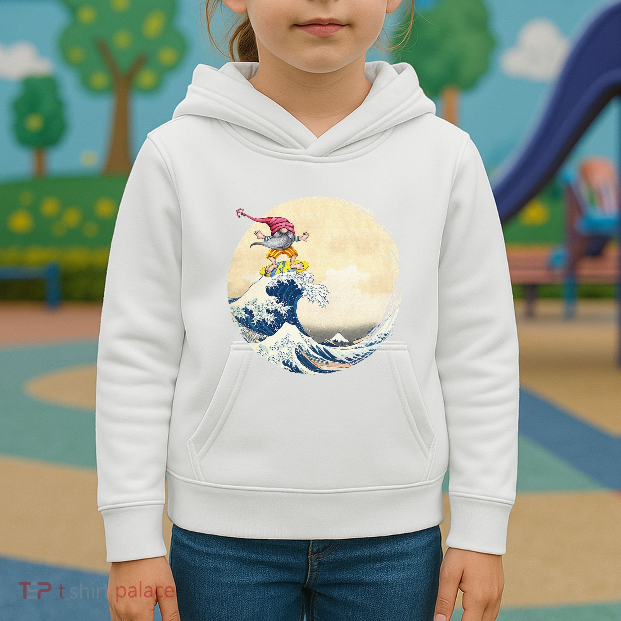 Surfing Gnome Riding Great Wave Off Kanagawa Gnome Kids Hoodie