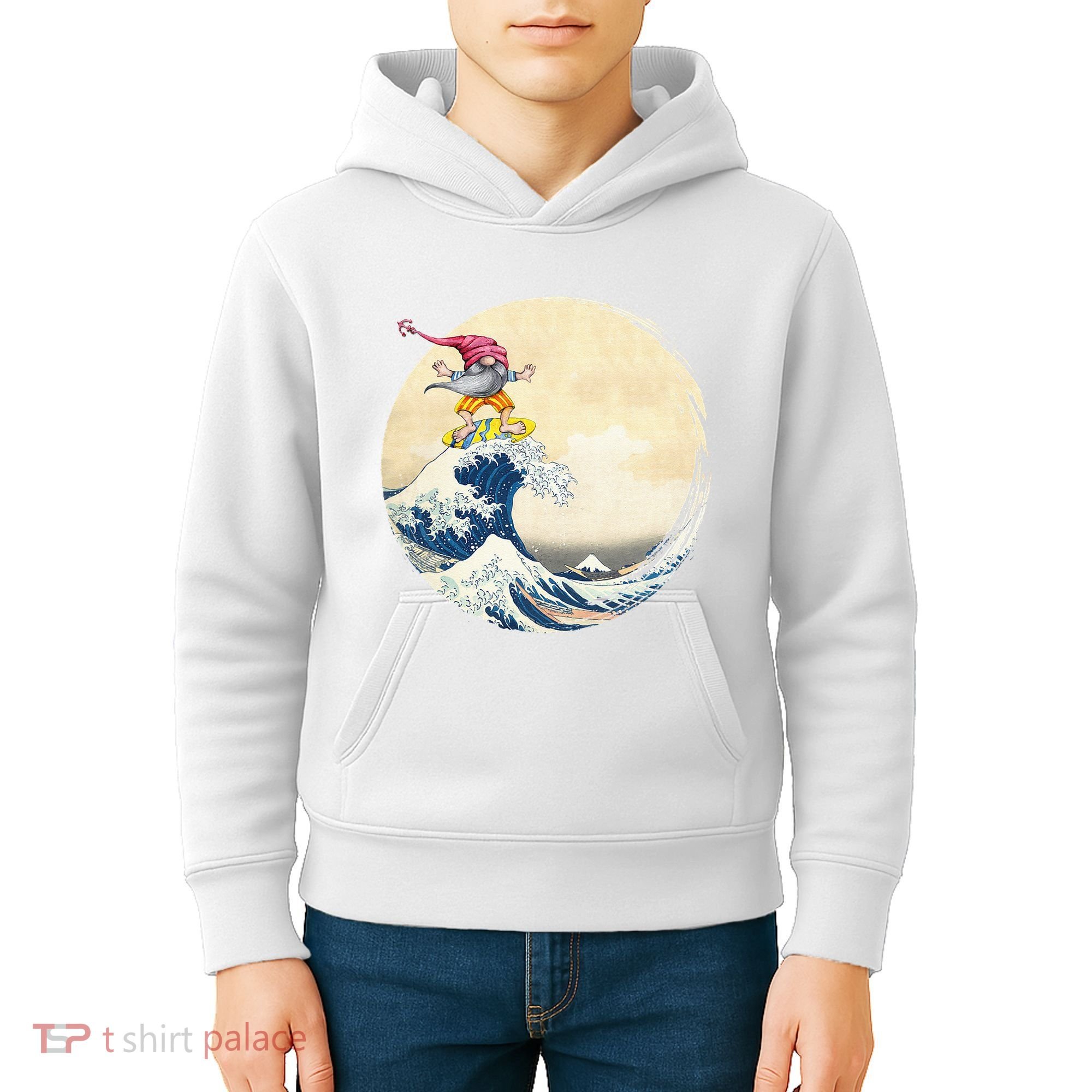 Surfing Gnome Riding Great Wave Off Kanagawa Gnome Kids Hoodie