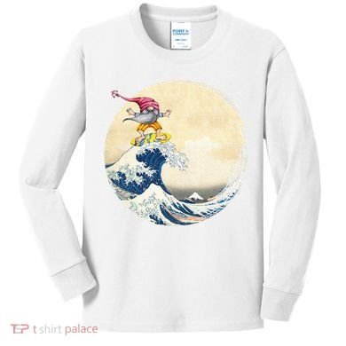Surfing Gnome Riding Great Wave Off Kanagawa Gnome Kids Long Sleeve Shirt