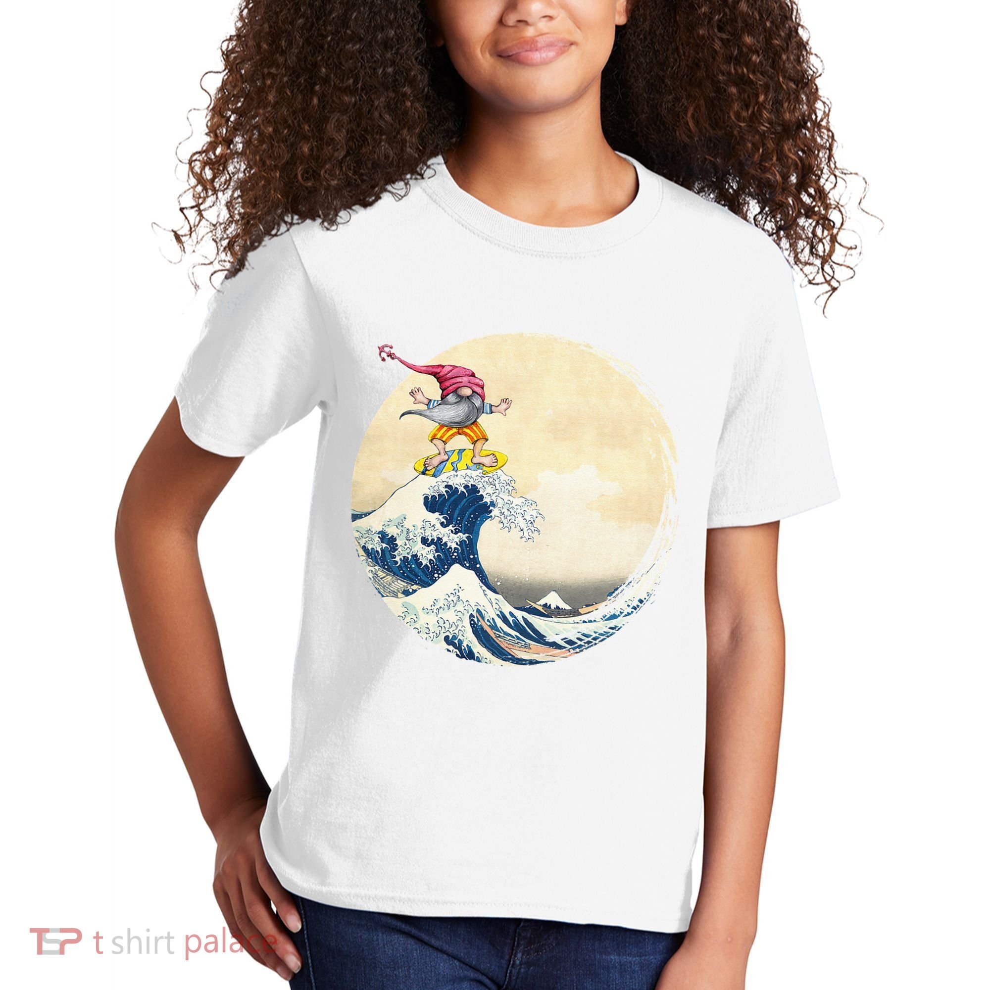 Surfing Gnome Riding Great Wave Off Kanagawa Gnome Kids T-Shirt