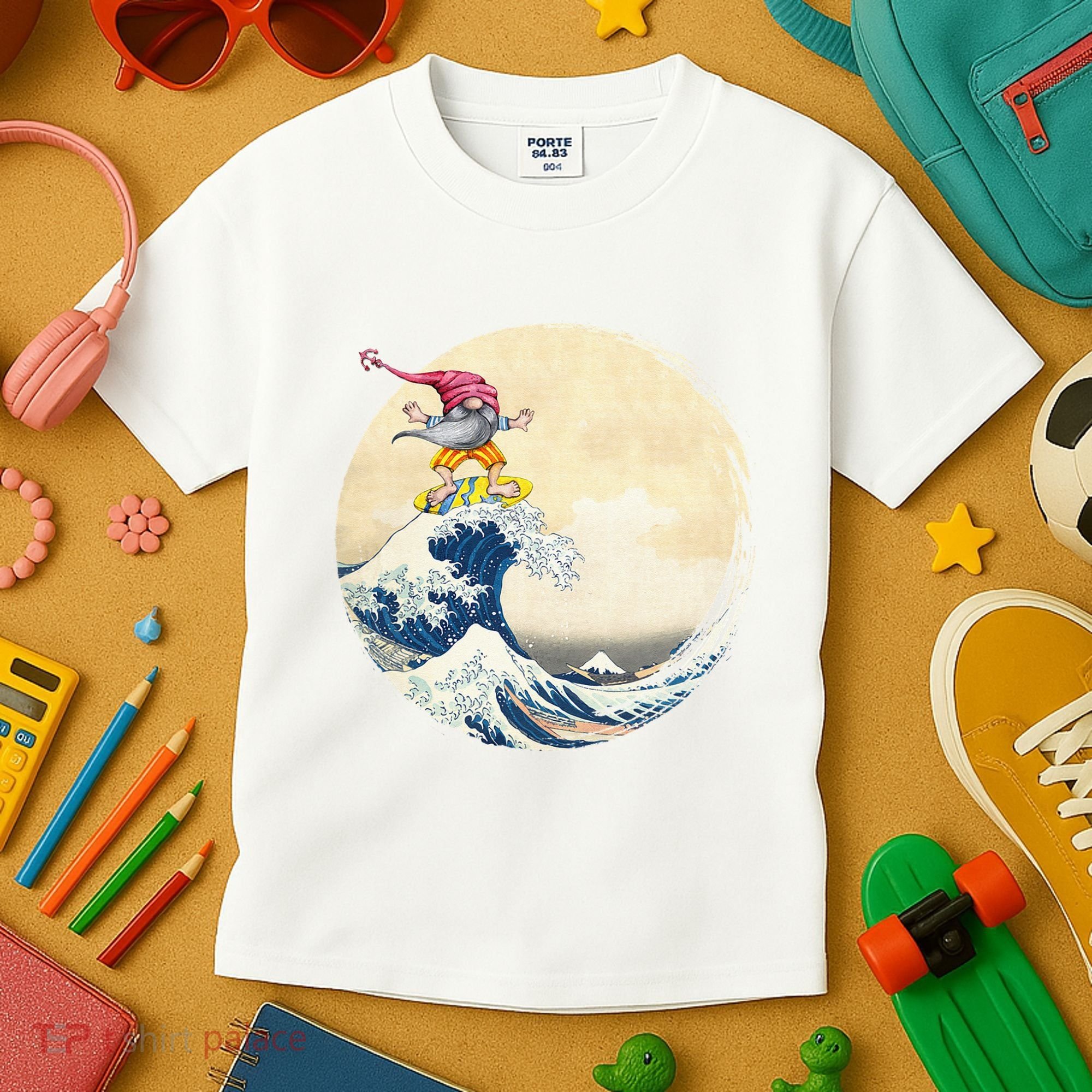 Surfing Gnome Riding Great Wave Off Kanagawa Gnome Kids T-Shirt