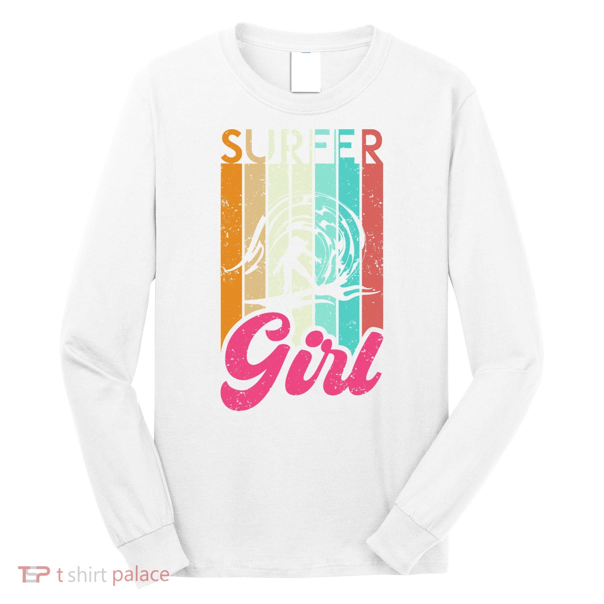 Surfer Girl Surfboard Women Surf Ocean Retro Surfing Long Sleeve Shirt