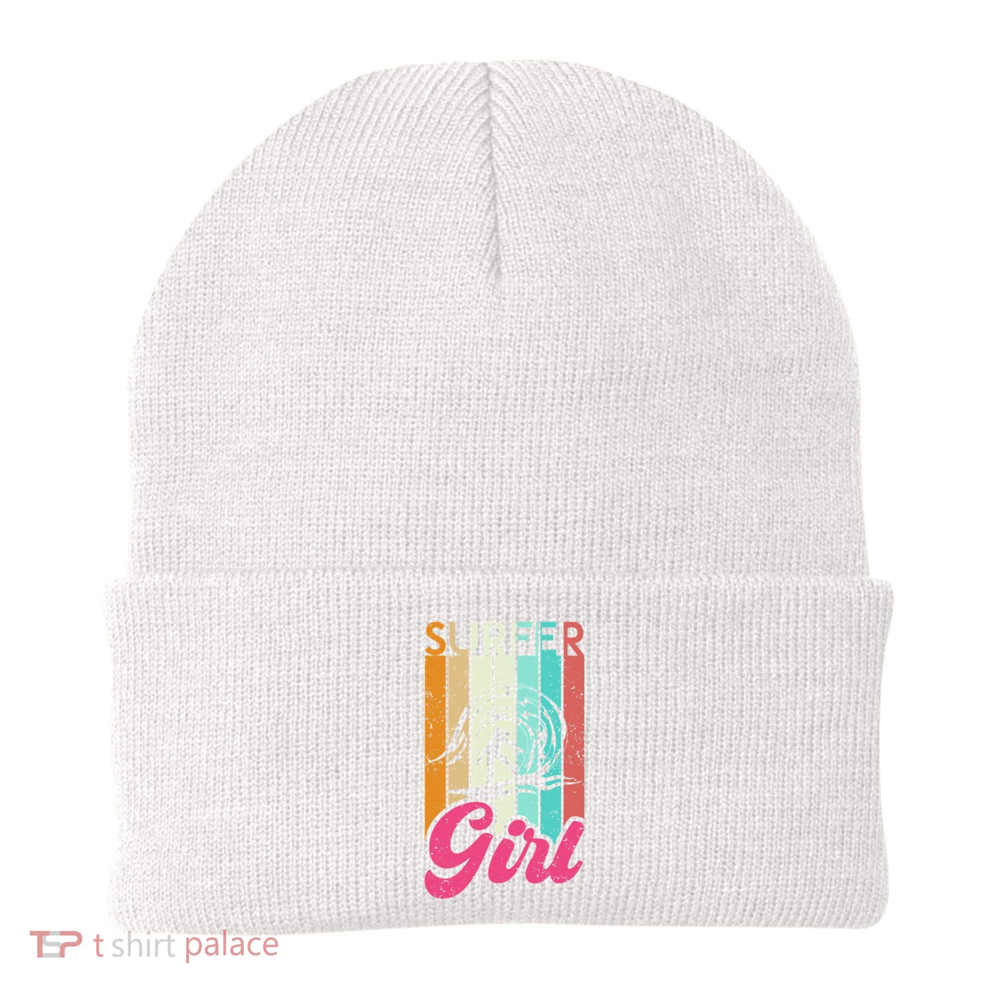 Surfer Girl Surfboard Women Surf Ocean Retro Surfing Beanie