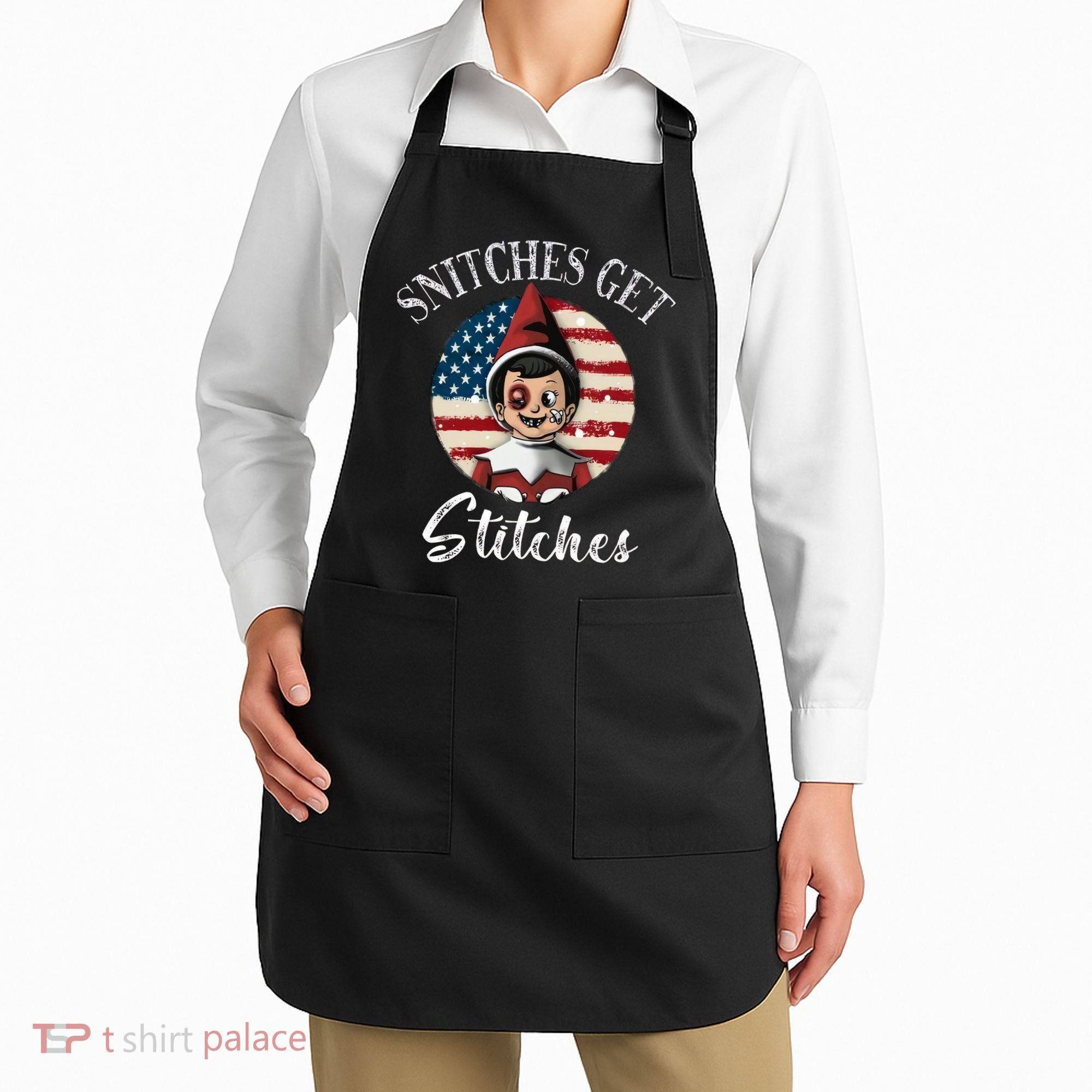 Snitches Get Stitches Funny US Flag Christmas Apron