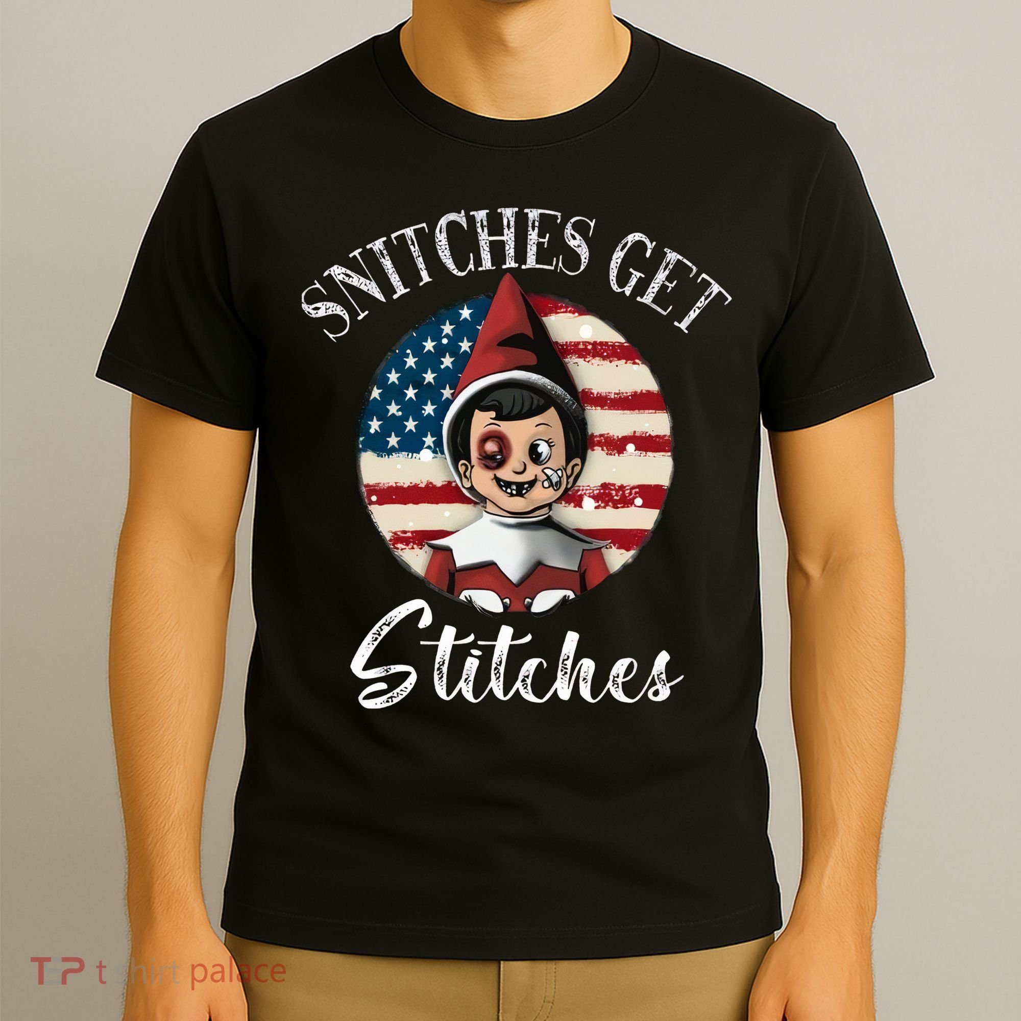 Snitches Get Stitches Funny US Flag Christmas T-Shirt