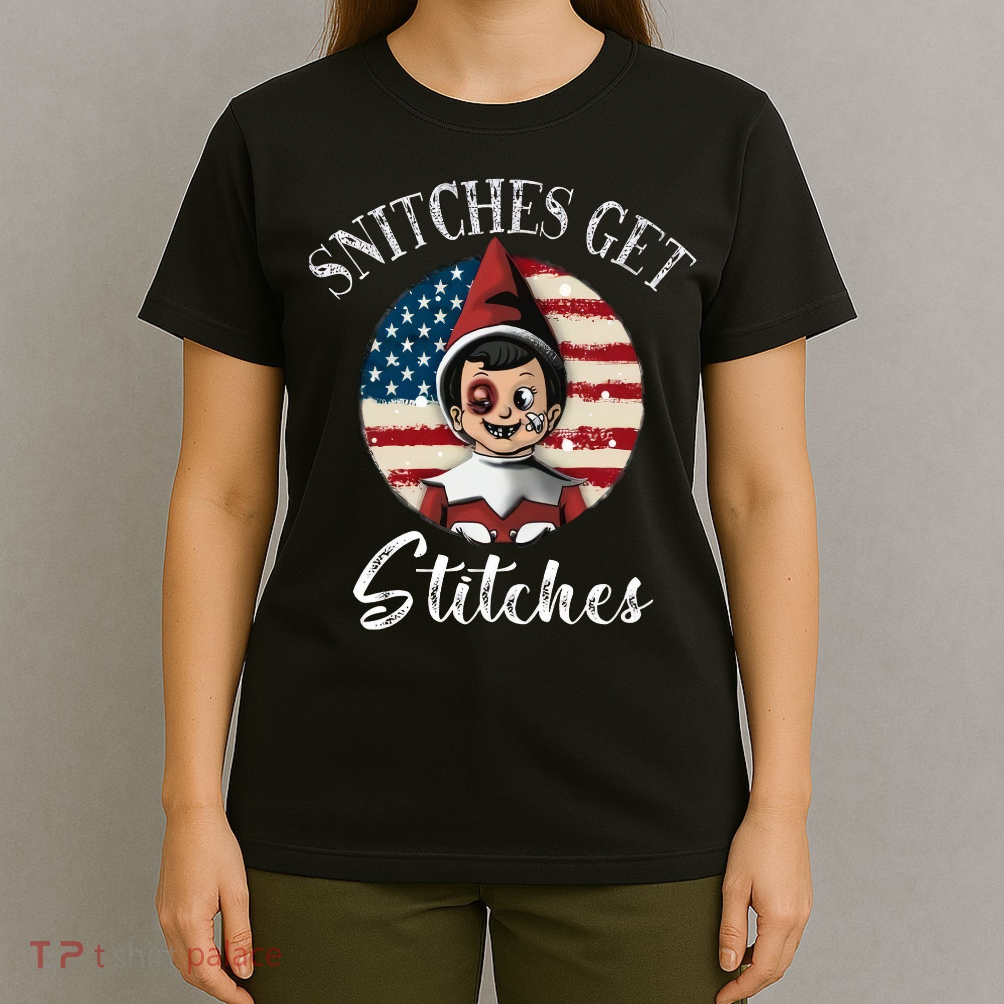 Snitches Get Stitches Funny US Flag Christmas T-Shirt