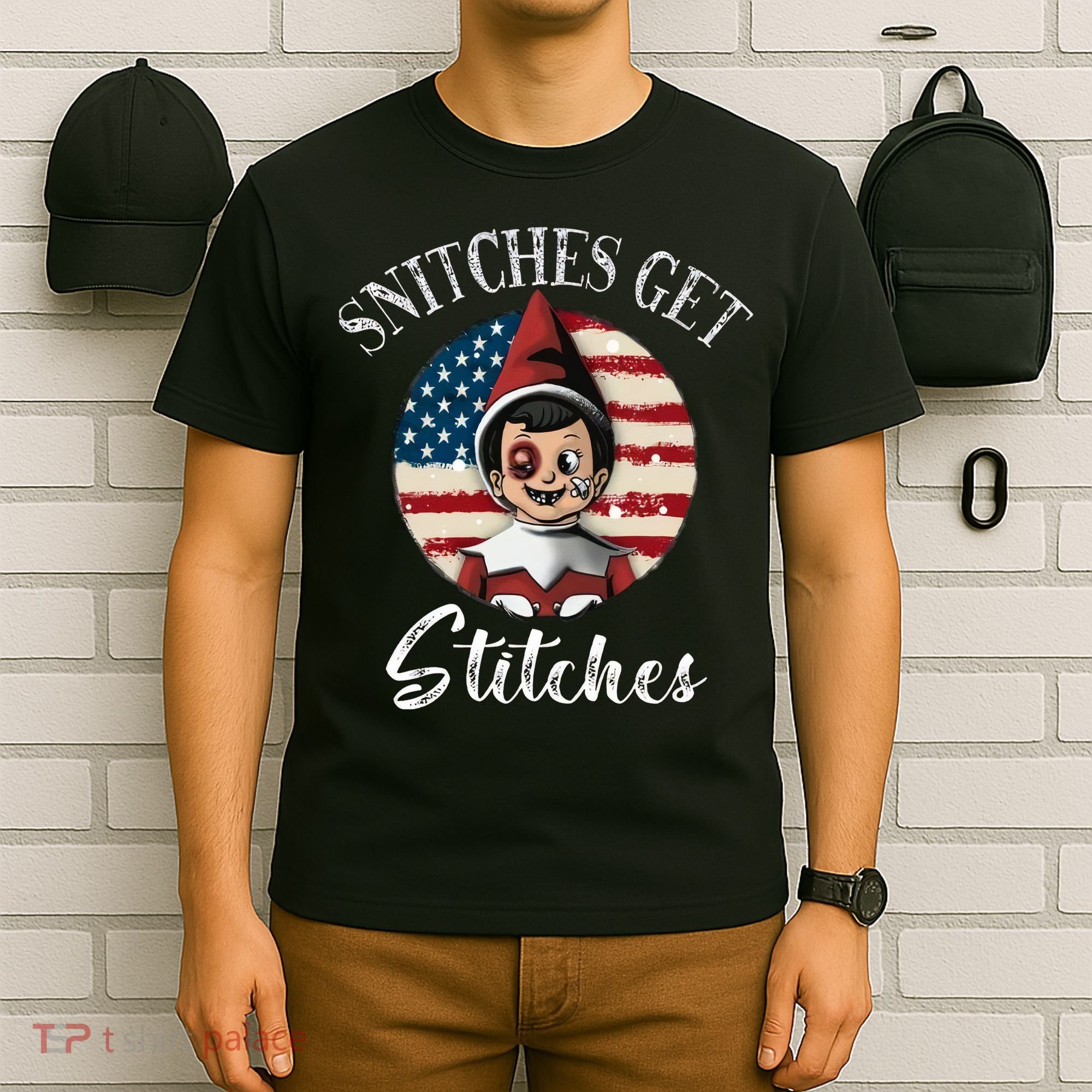Snitches Get Stitches Funny US Flag Christmas T-Shirt