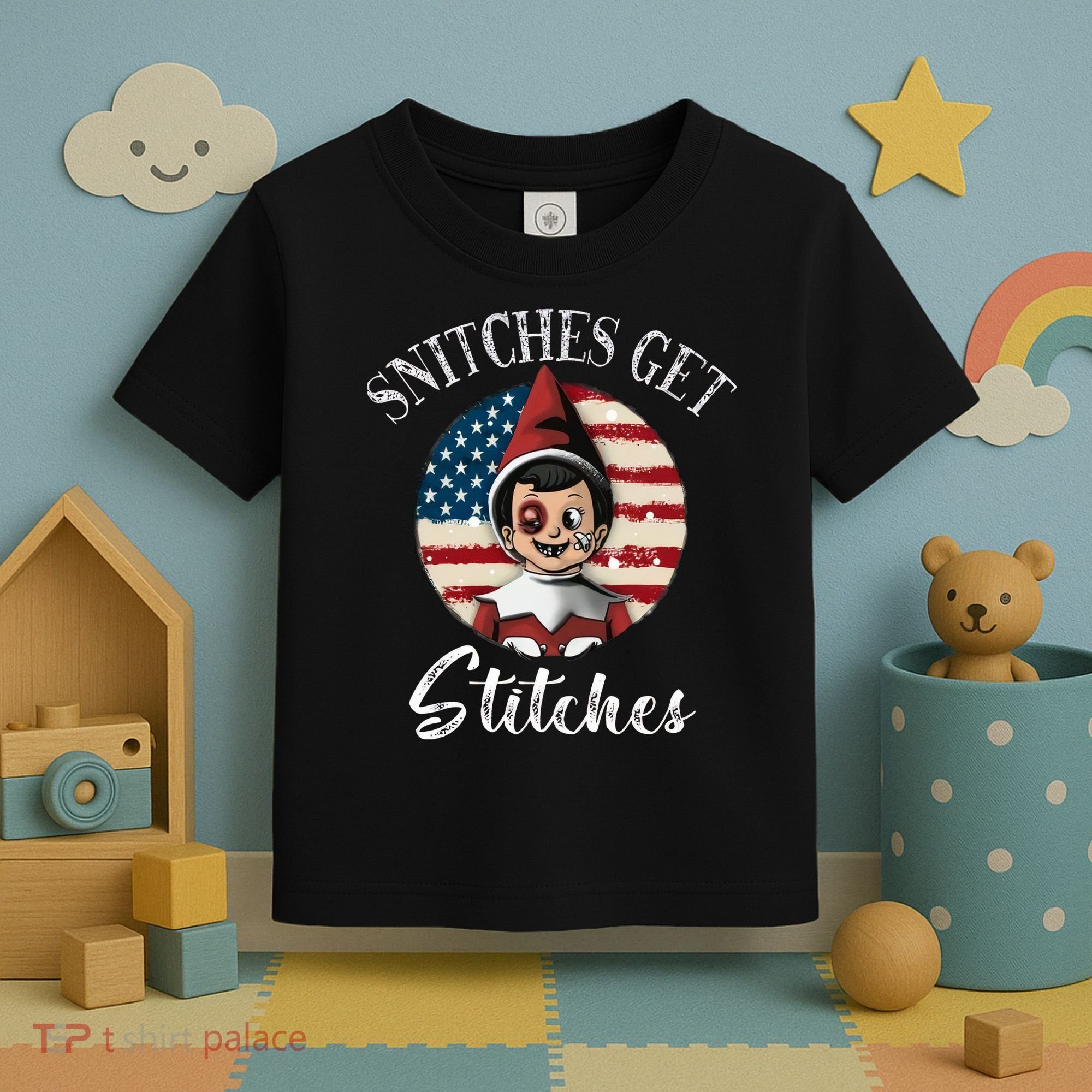 Snitches Get Stitches Funny US Flag Christmas Toddler T-Shirt
