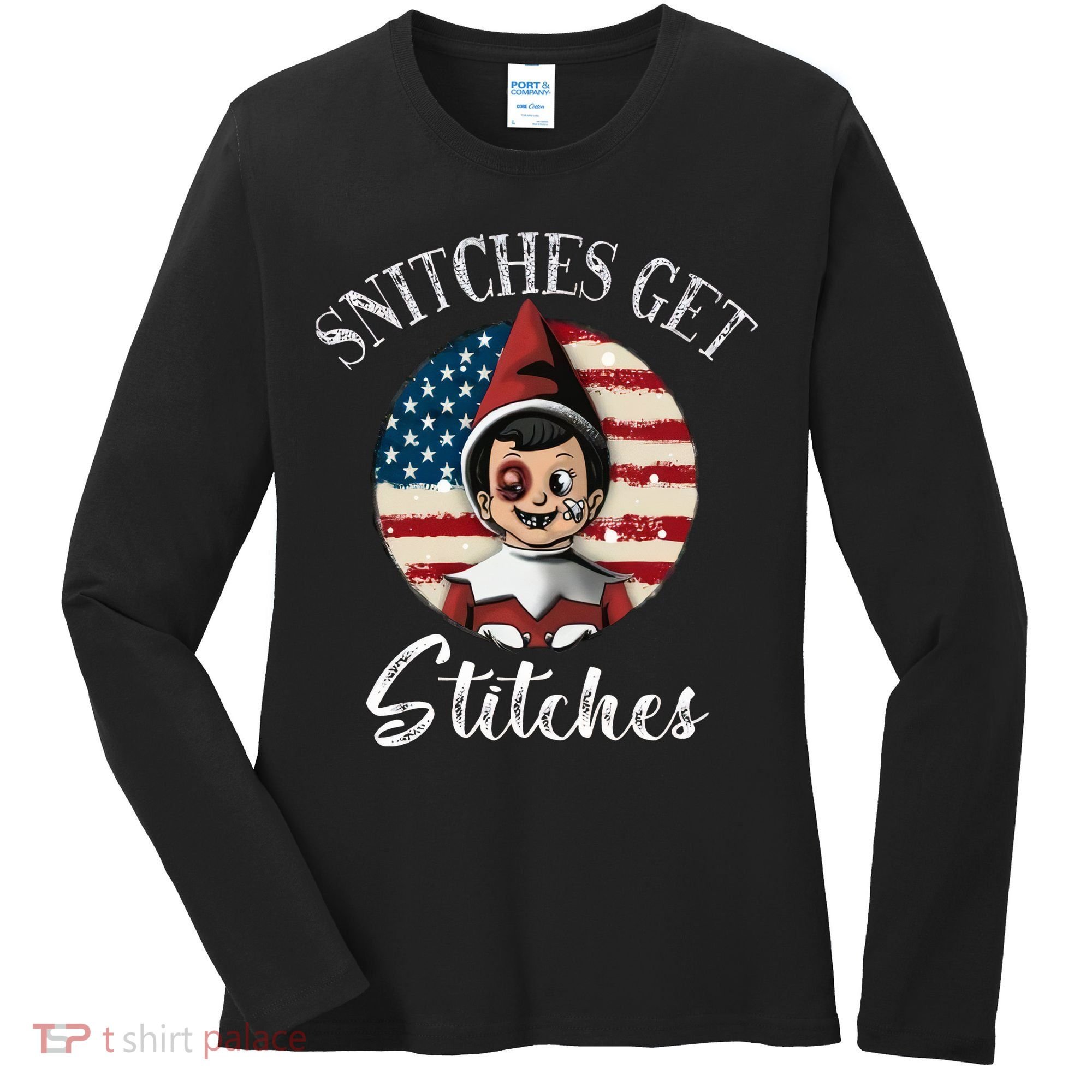Snitches Get Stitches Funny US Flag Christmas Women's Long Sleeve Shirt