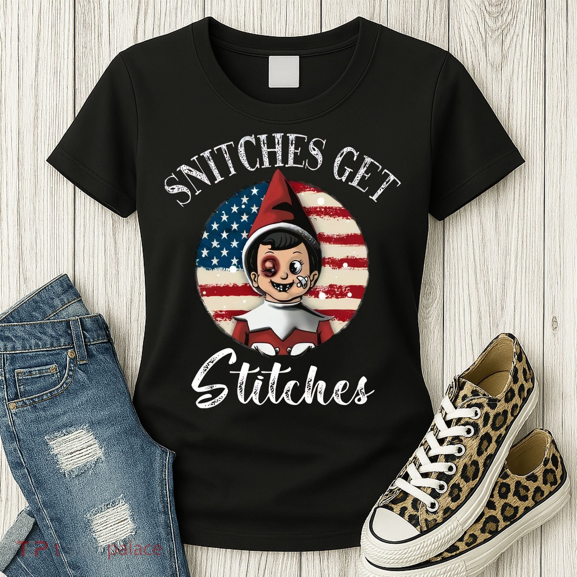Snitches Get Stitches Funny US Flag Christmas Women's T-Shirt