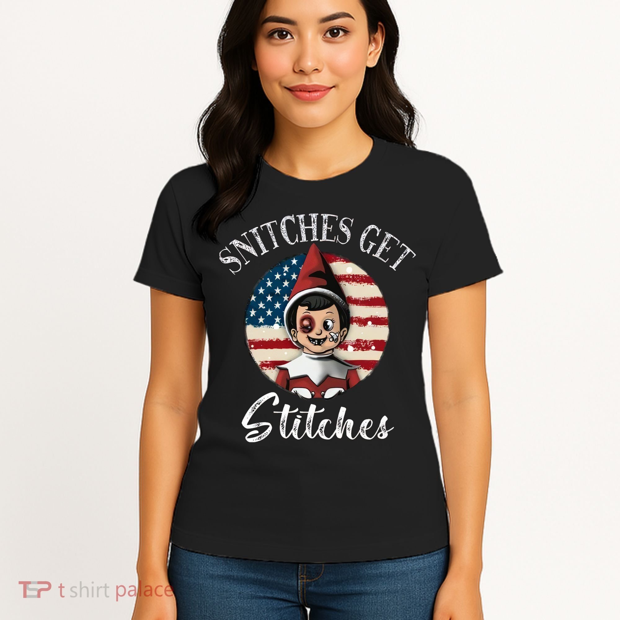 Snitches Get Stitches Funny US Flag Christmas Women's T-Shirt
