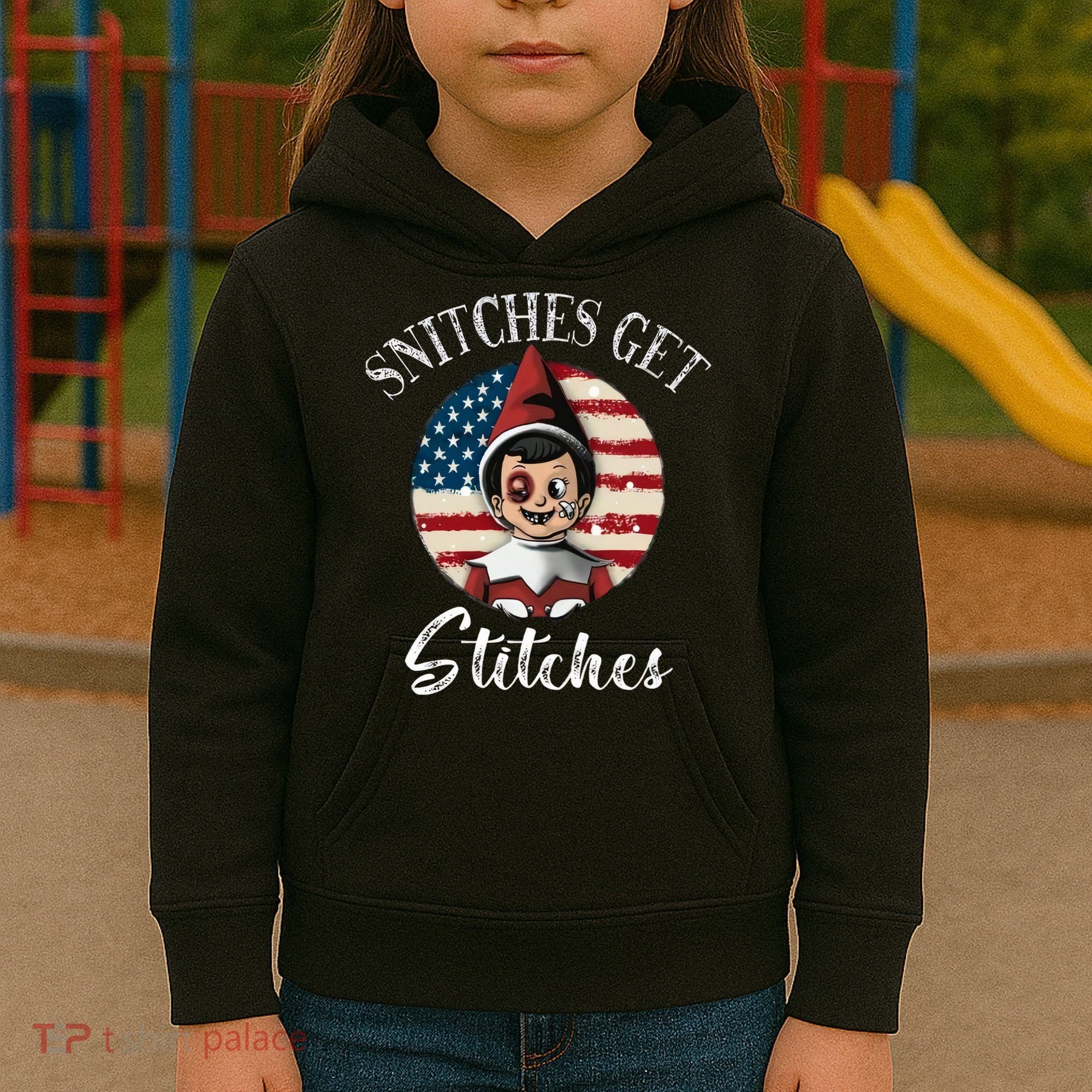 Snitches Get Stitches Funny US Flag Christmas Kids Hoodie