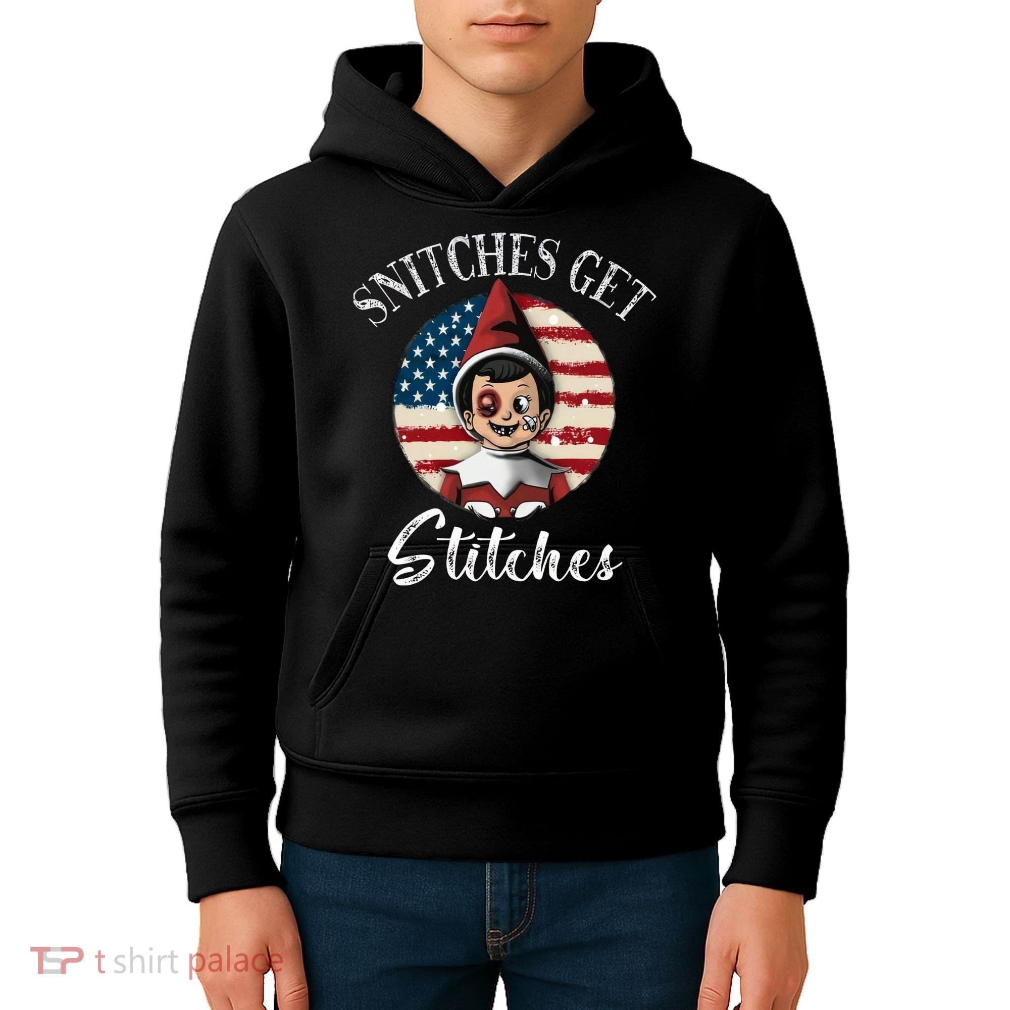 Snitches Get Stitches Funny US Flag Christmas Kids Hoodie