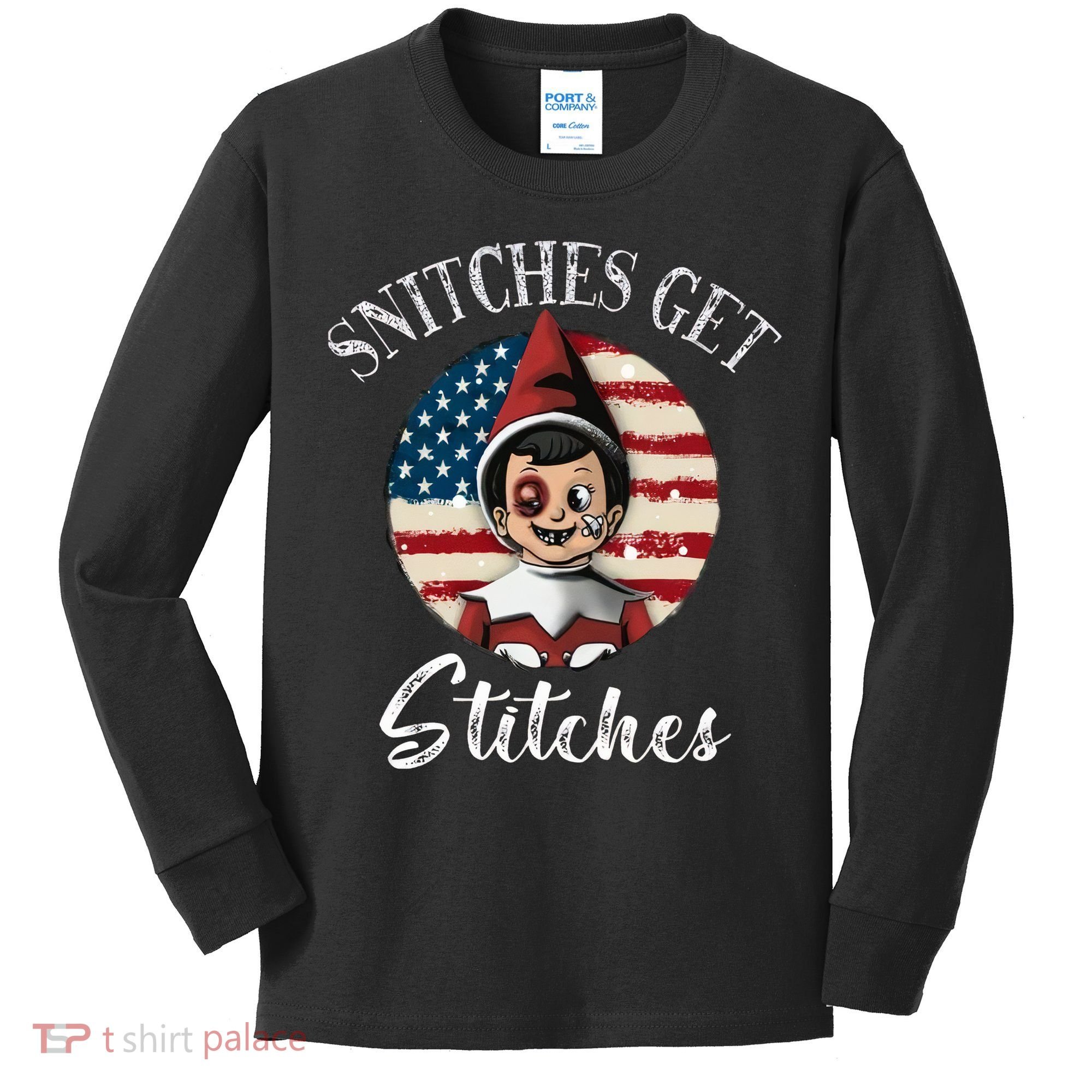 Snitches Get Stitches Funny US Flag Christmas Kids Long Sleeve Shirt
