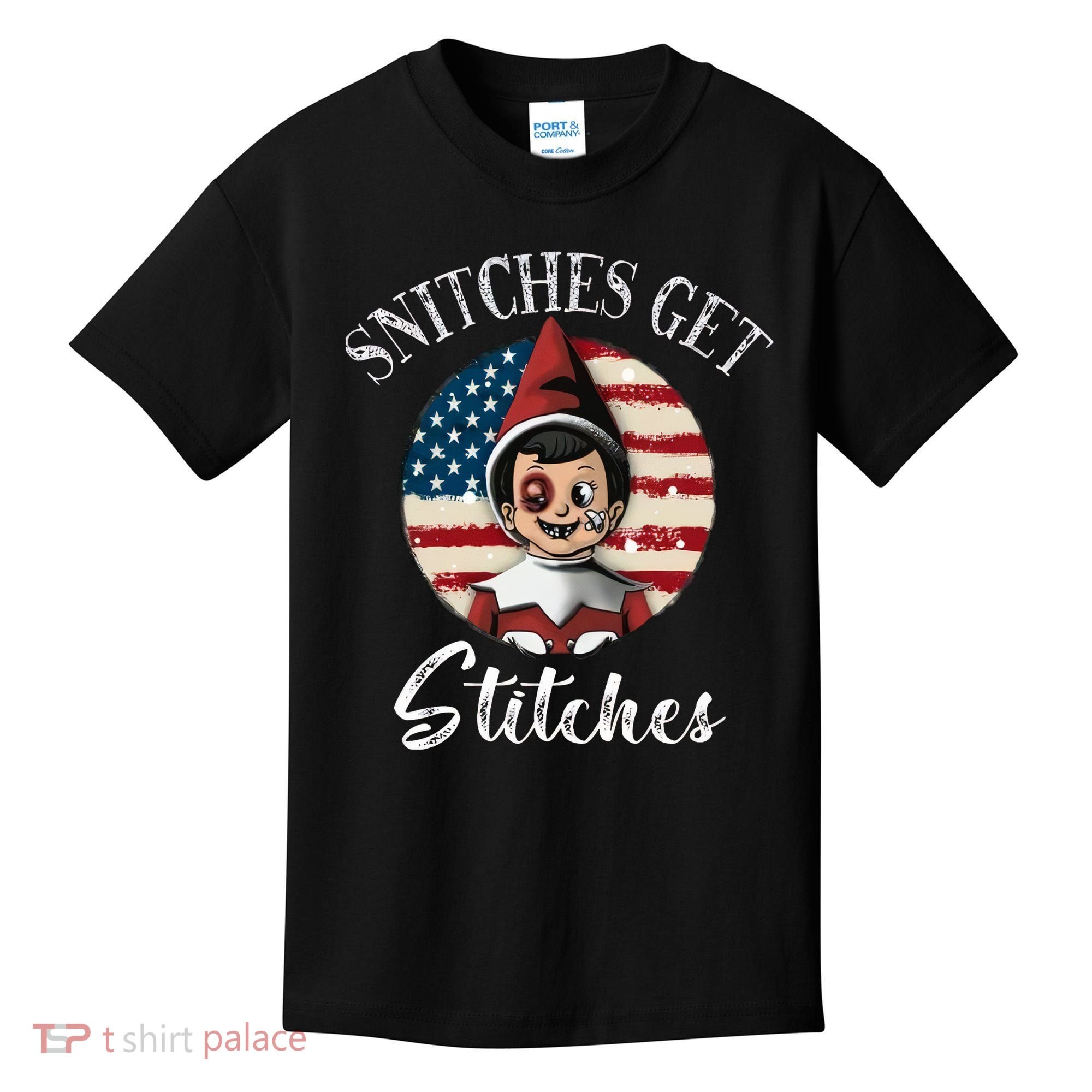 Snitches Get Stitches Funny US Flag Christmas Kids T-Shirt