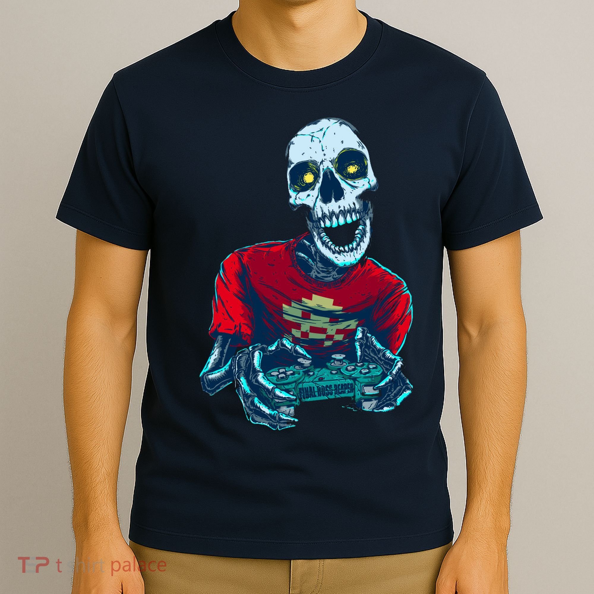 Scary Gamer Skeleton Playing Video Games Graphic T-Shirt