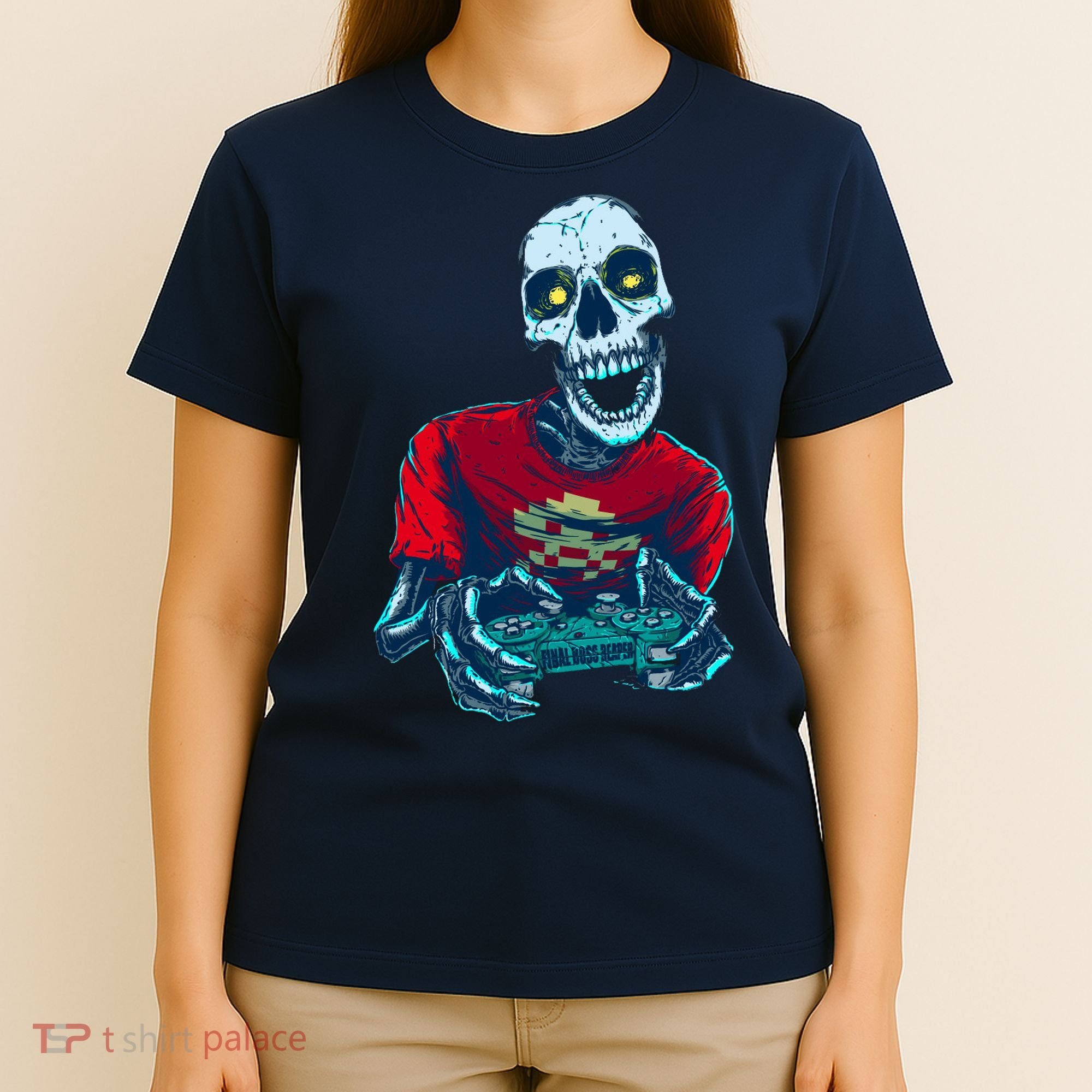 Scary Gamer Skeleton Playing Video Games Graphic T-Shirt