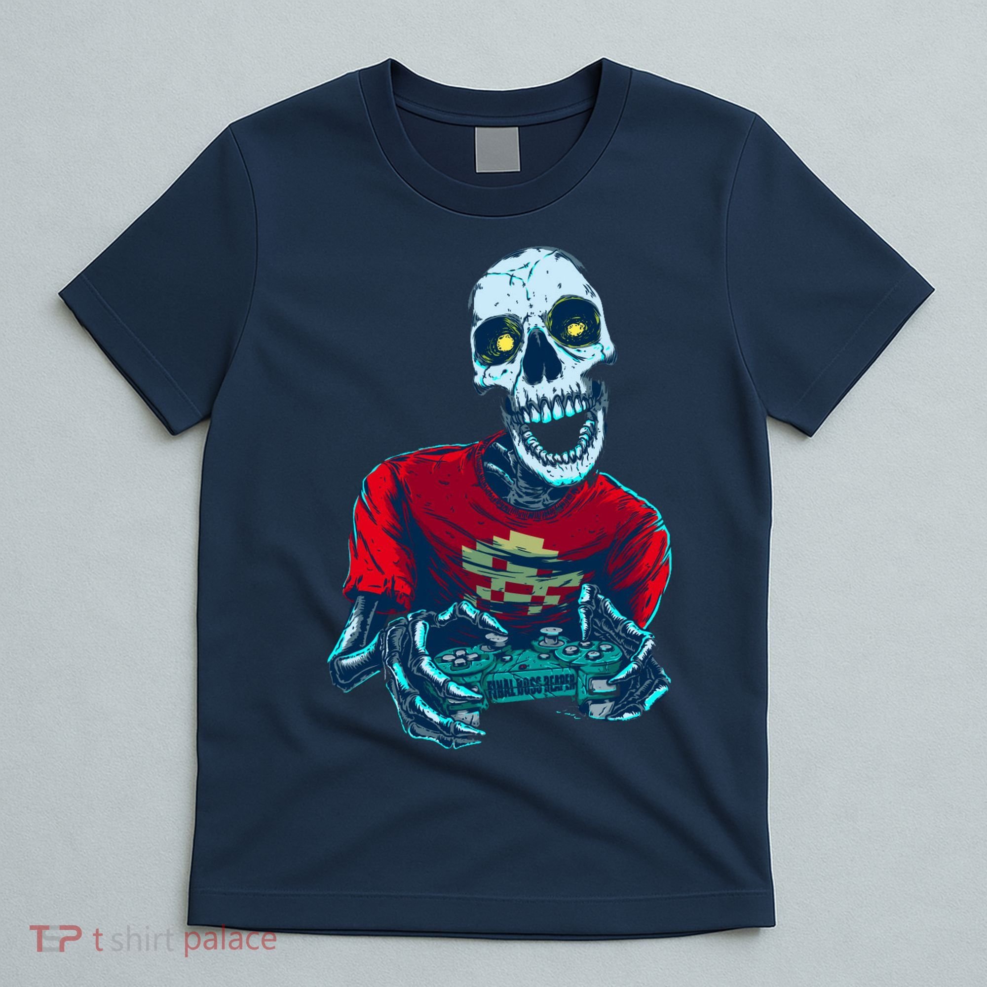 Scary Gamer Skeleton Playing Video Games Graphic T-Shirt