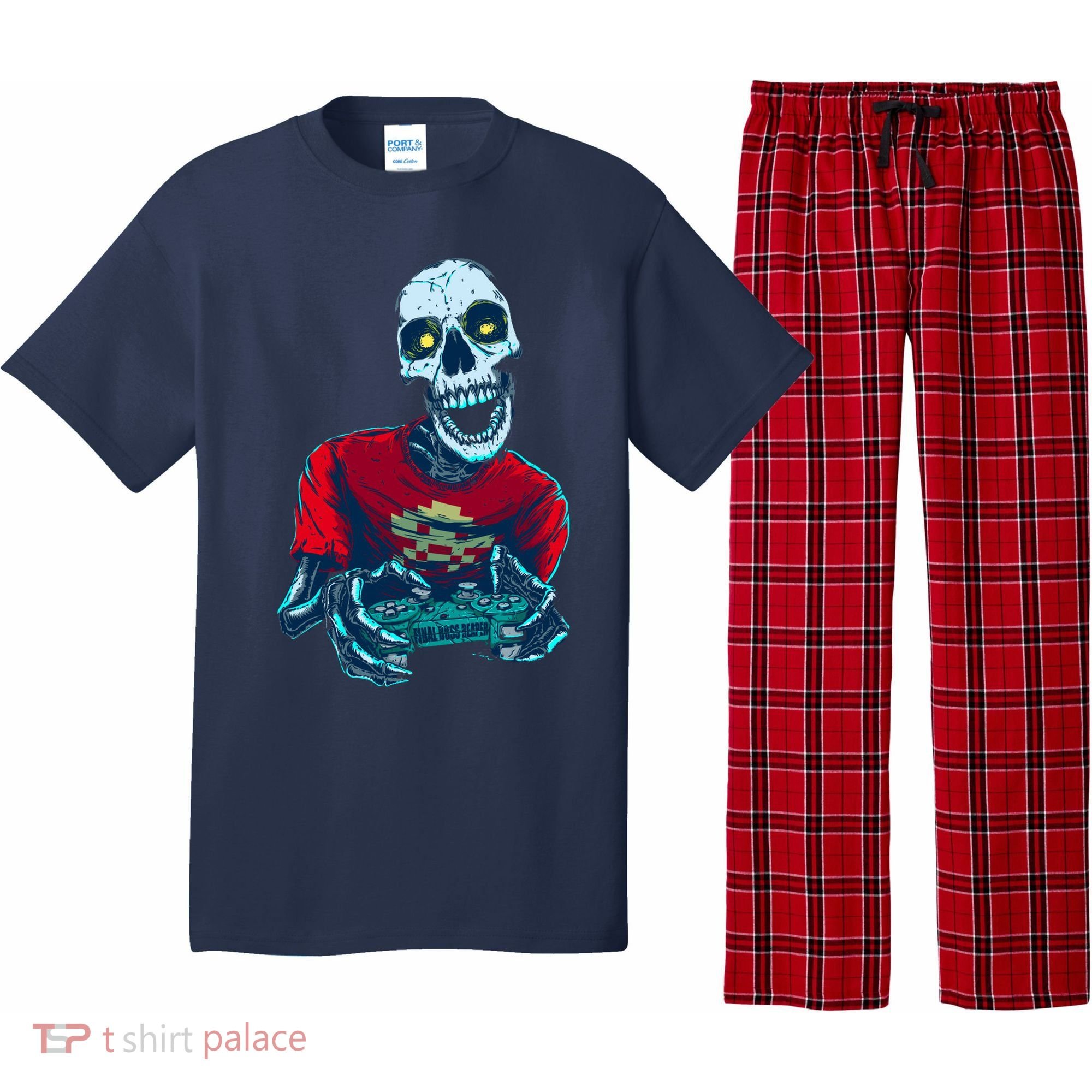Scary Gamer Skeleton Playing Video Games Graphic Pajama Set