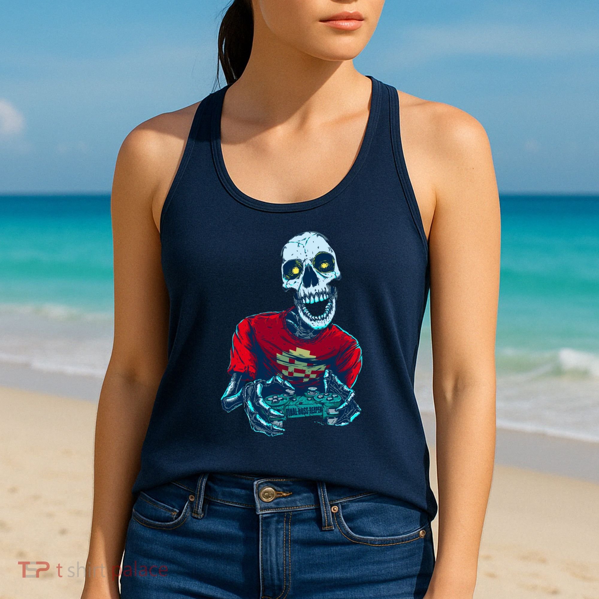 Scary Gamer Skeleton Playing Video Games Graphic Women's Tank Top