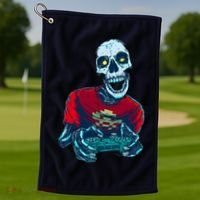 Scary Gamer Skeleton Playing Video Games Graphic Golf Towel thumb 1