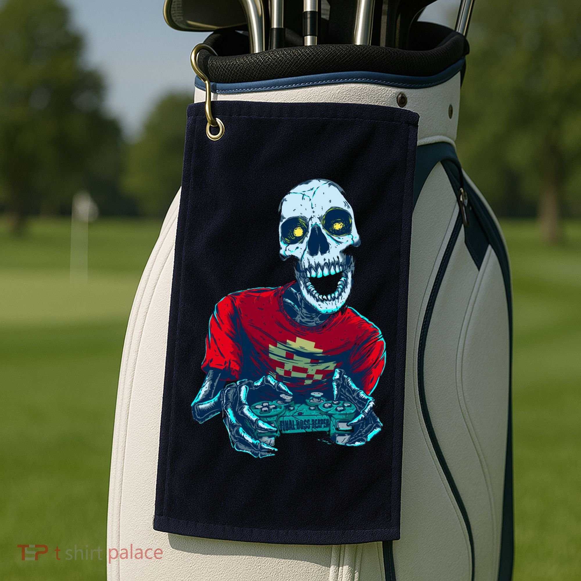 Scary Gamer Skeleton Playing Video Games Graphic Golf Towel