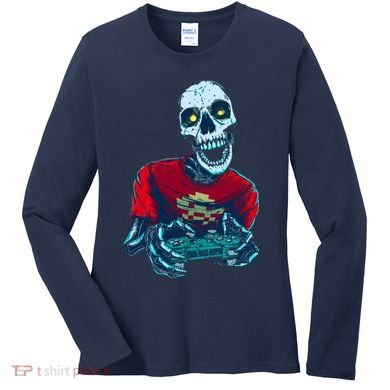 Scary Gamer Skeleton Playing Video Games Graphic Women's Long Sleeve Shirt