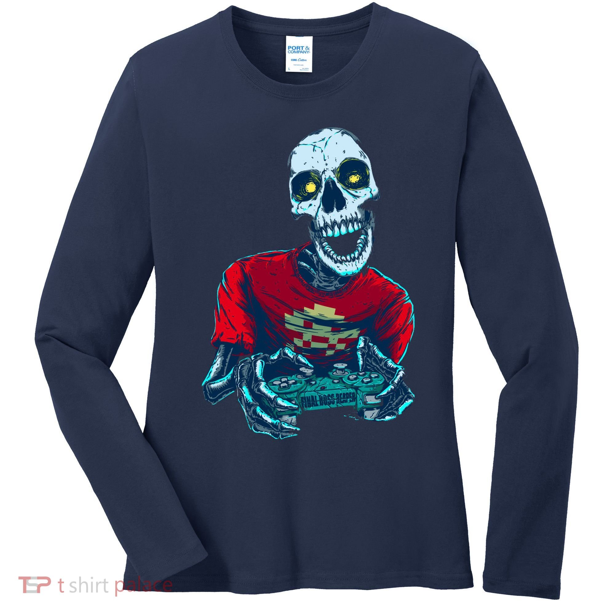 Scary Gamer Skeleton Playing Video Games Graphic Women's Long Sleeve Shirt