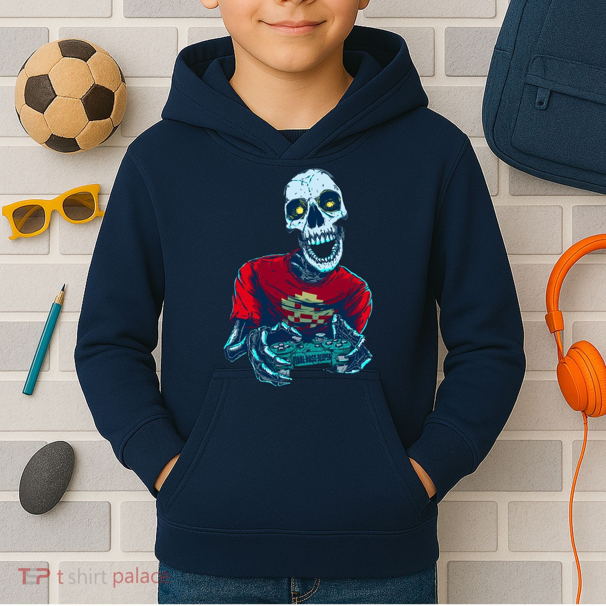 Scary Gamer Skeleton Playing Video Games Graphic Kids Hoodie