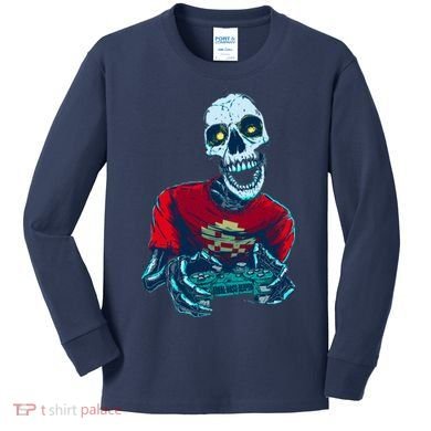 Scary Gamer Skeleton Playing Video Games Graphic Kids Long Sleeve Shirt