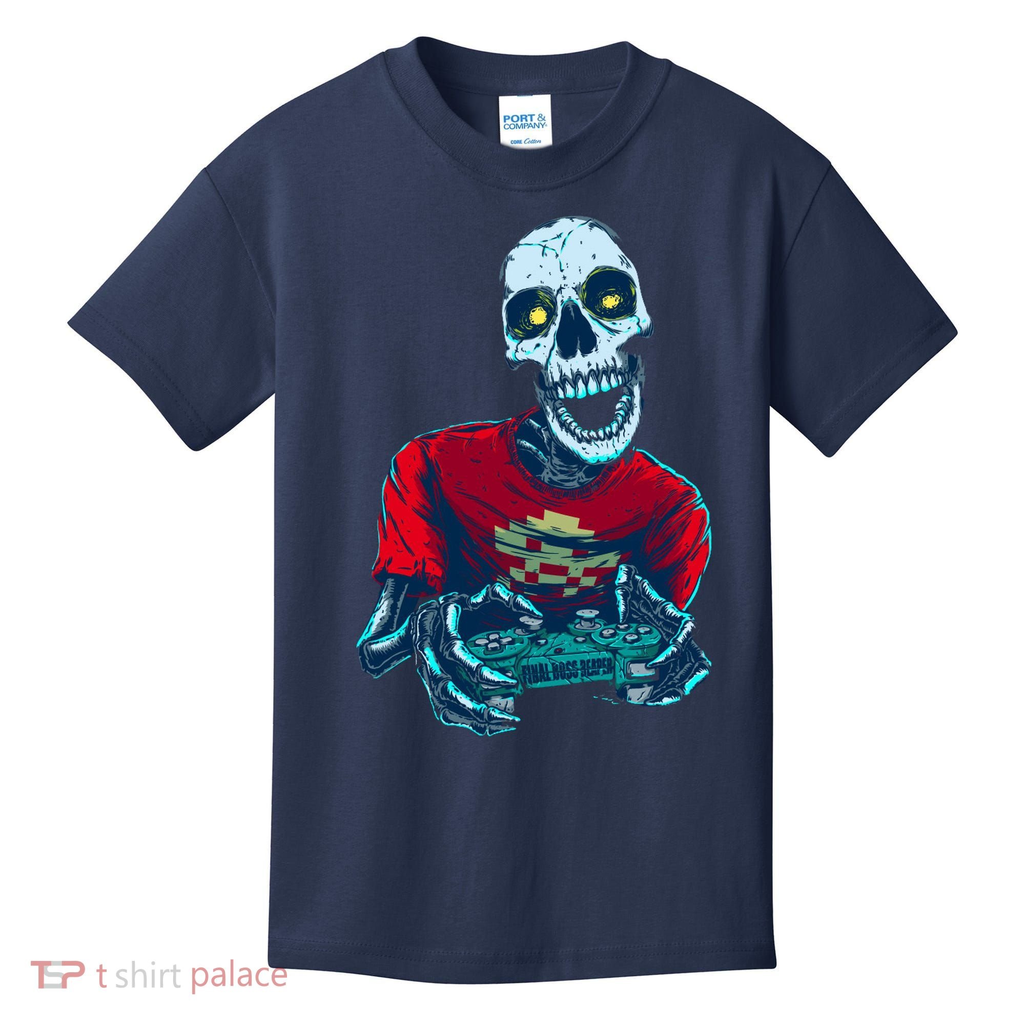 Scary Gamer Skeleton Playing Video Games Graphic Kids T-Shirt