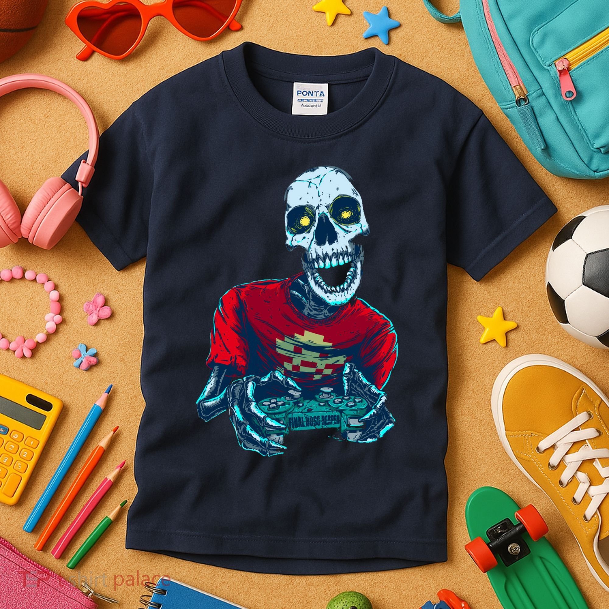 Scary Gamer Skeleton Playing Video Games Graphic Kids T-Shirt