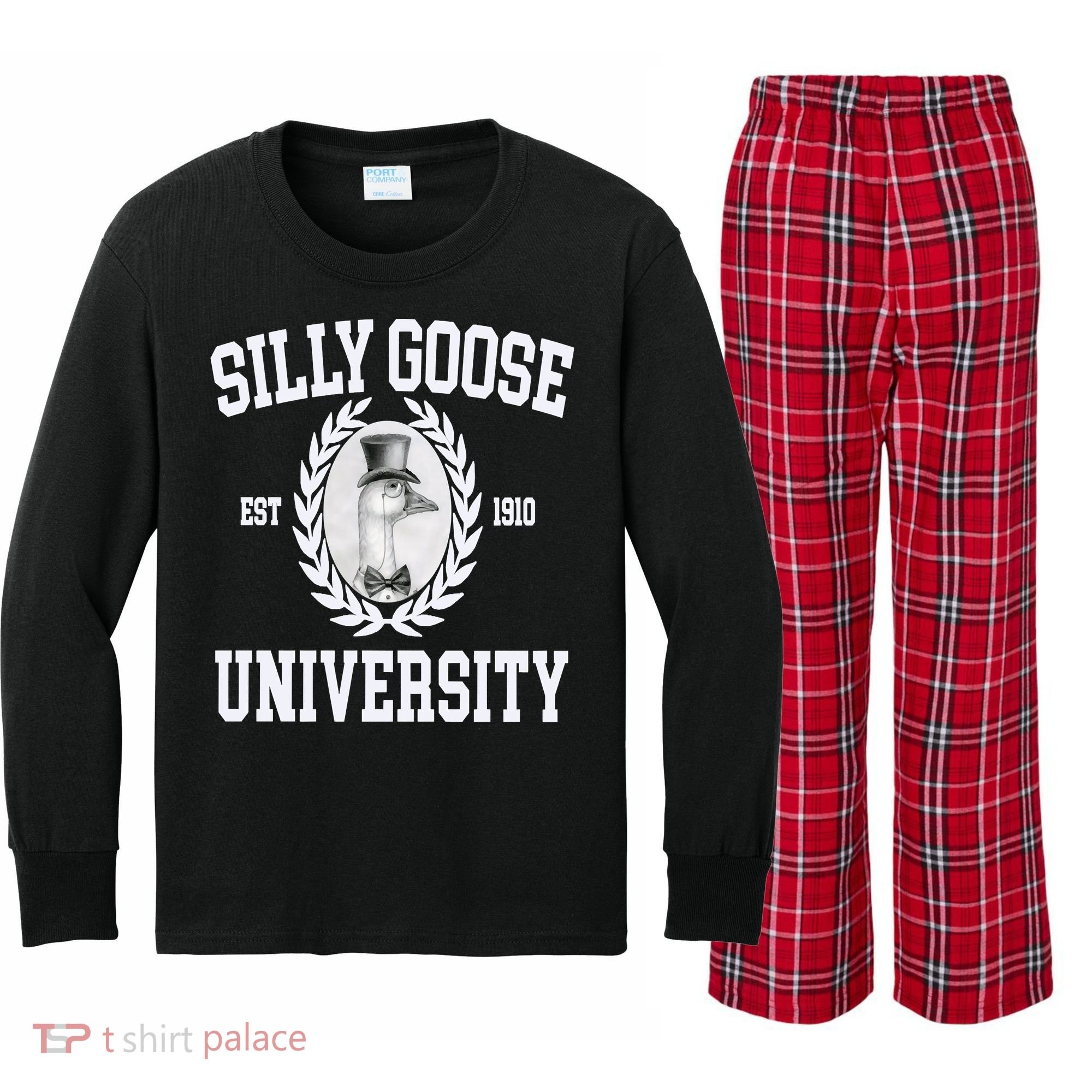 Silly Goose University Silly Goose Meme Costume Kids Long Sleeve Plaid Pajama Set
