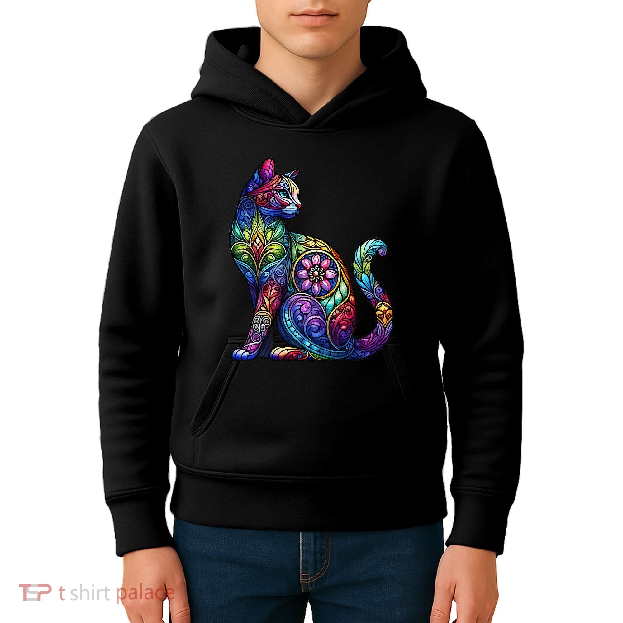 Stained Glass Window Cat Art Kids Hoodie