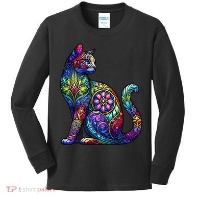 Stained Glass Window Cat Art Kids Long Sleeve Shirt